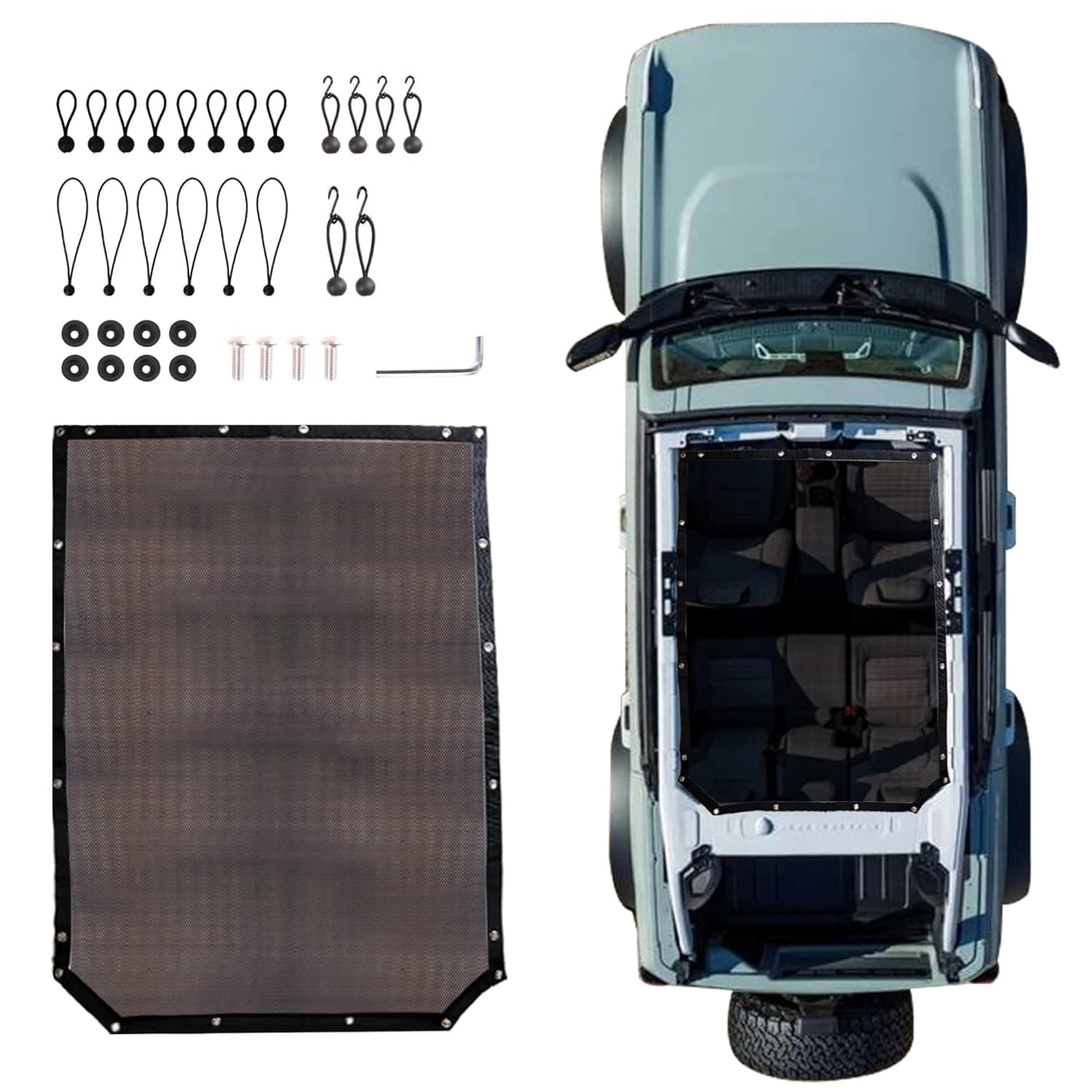 Sunshade Compatible with 2021 2022 2023 2024 2025 2026 New Ford Bronco 4 Door Sun Shade Bikini Top Roof Bimini Soft Mesh Net Exterior Accessories, Blocks UV Wind Noise, Black