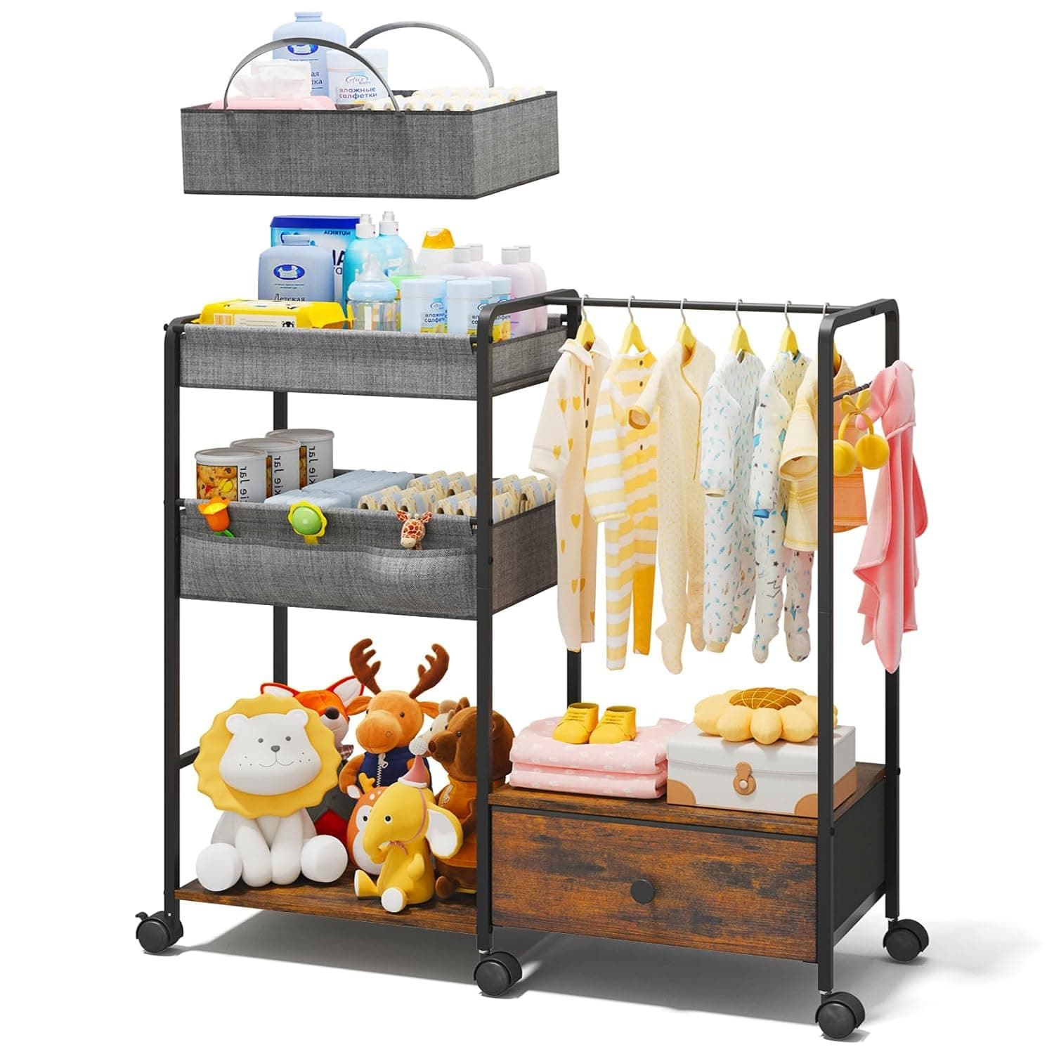 3in1 Diaper Caddy Organizer, Diaper Caddy and Rolling Diaper Cart with Kids Clothing Rack for Nursery and Baby Essentials, Multi-Function Utility Cart for Bedroom and Bathroom