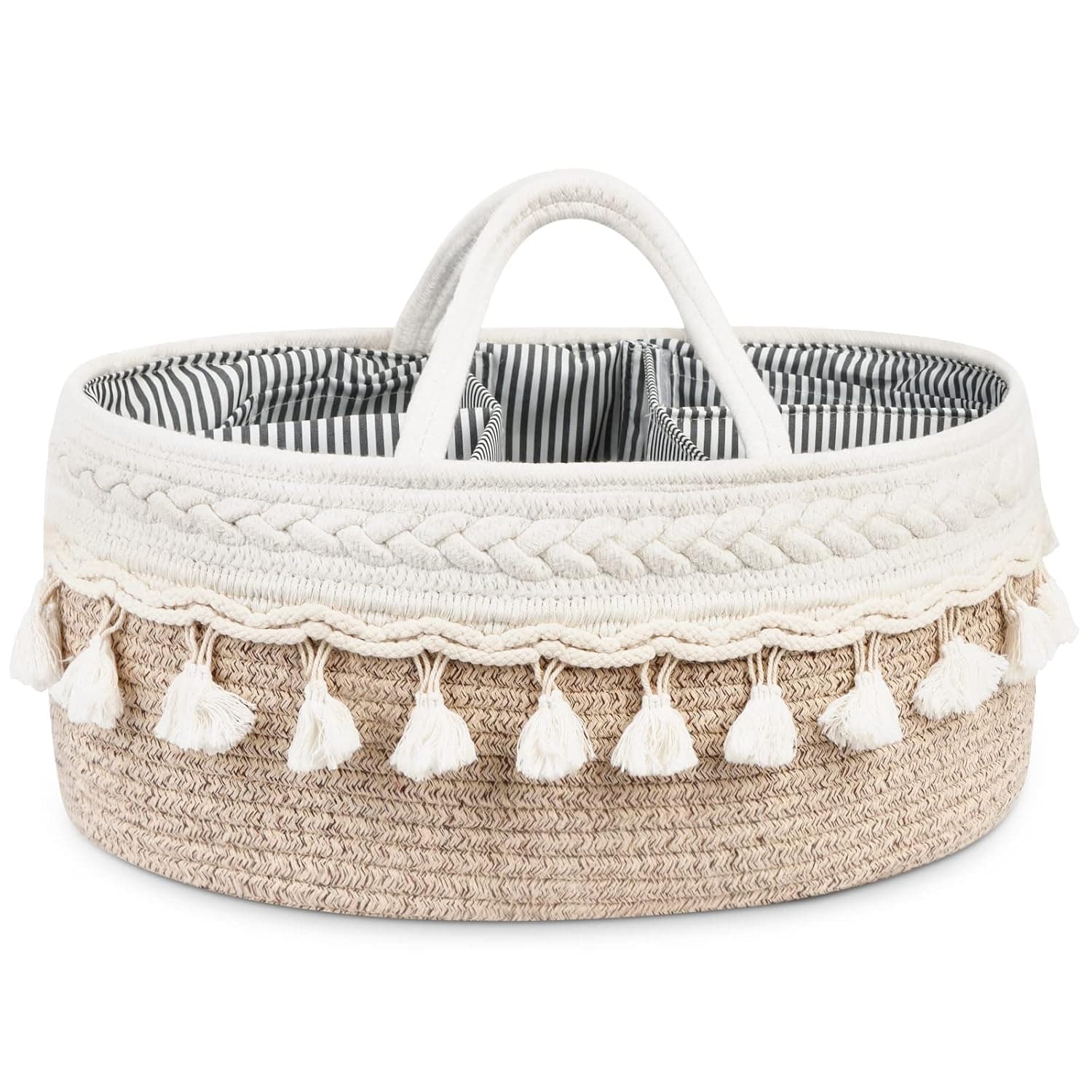 Maliton Nappy Caddy，Bohemian Large Cotton Rope Diaper Caddy，Sturdy Portable Nursery Baby Caddy with Detachable Compartments，Baby Essentials for Newborn， Storage Basket as Baby Shower Gifts