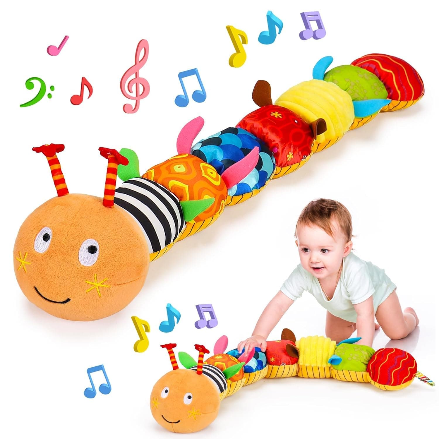 Soofam Baby Musical Caterpillar Plush Toys, Stuffed Animal Activity Soft Toys with Multi-Sensory Crinkle, Baby Teething Toys, Rattle and Textures, for Tummy Time Newborn 0-3-6-12 Months Baby Toys