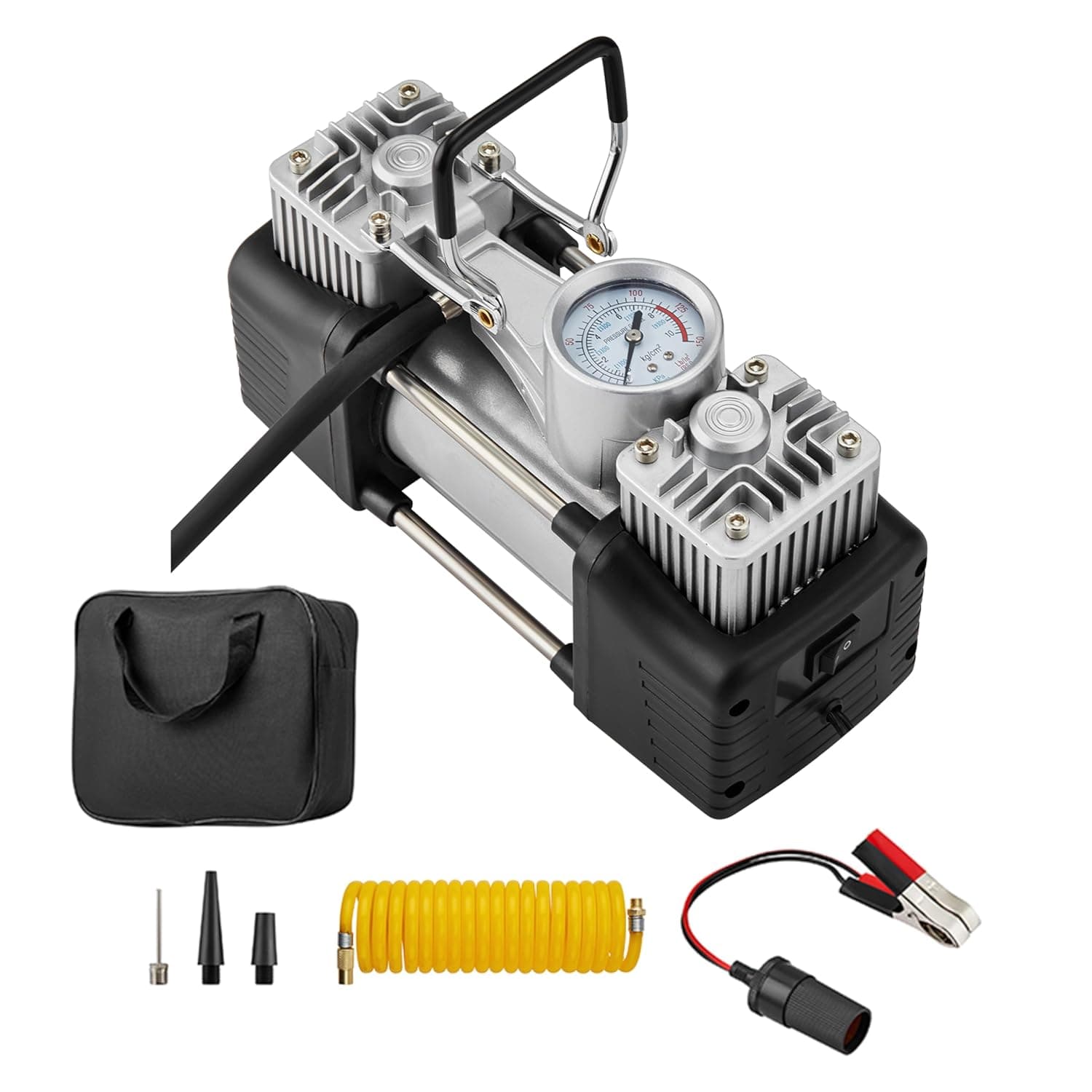 Lawazim Double Cylinder Air Pump- Portable High-Pressure AirFlow and Low-noise Emission with Three Attachment Heads- for Cars, Vehicles, Automotives and Bike Tires on Roadsides and Camping Emergencies
