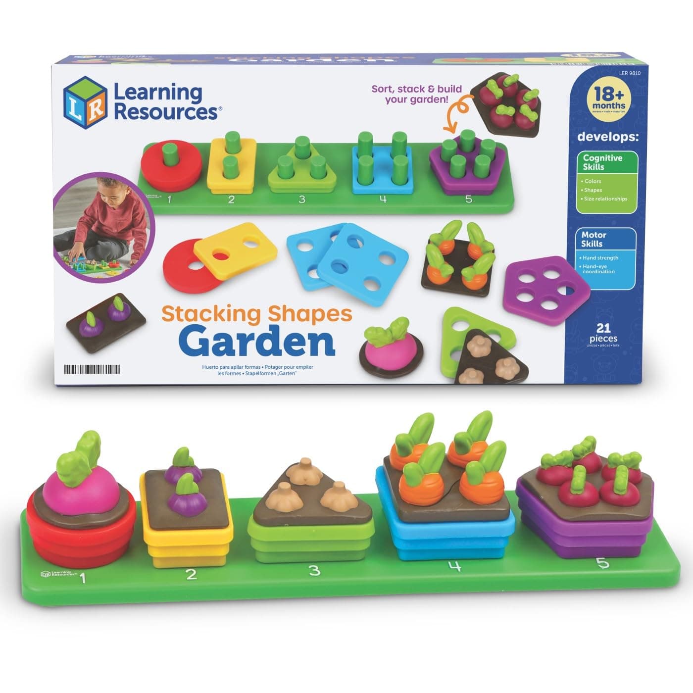 Learning Resources Stacking Shapes Garden, Fine Motor Skills, Stacking and Sorting Puzzle Board, Montessori Toddler, Sensory Table Toy, Colour Matching, Busy Board, Gifts for Boys