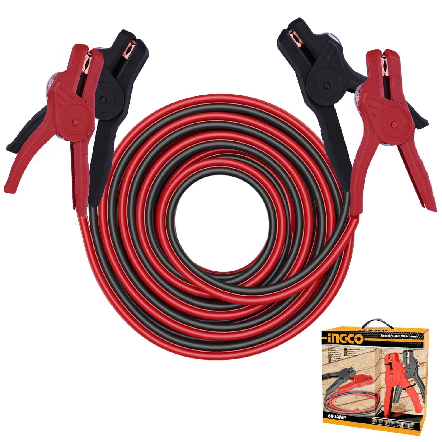 Ingco HBTCP6008L Booster Cable with LED Lamp 3m Automotive Heavy Duty Jumper 600 AMP Tight Alligator Clamp Suitable for Cars and Compact Size Vehicles