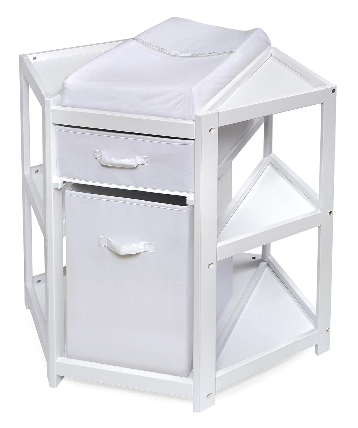 Badger Basket Corner Baby Changing Table - Space-Saving Diaper Changing Station for Nursery with Storage Bin, Changing Pad and Safety Belt - Organizer for Newborn and Infant Essentials - White