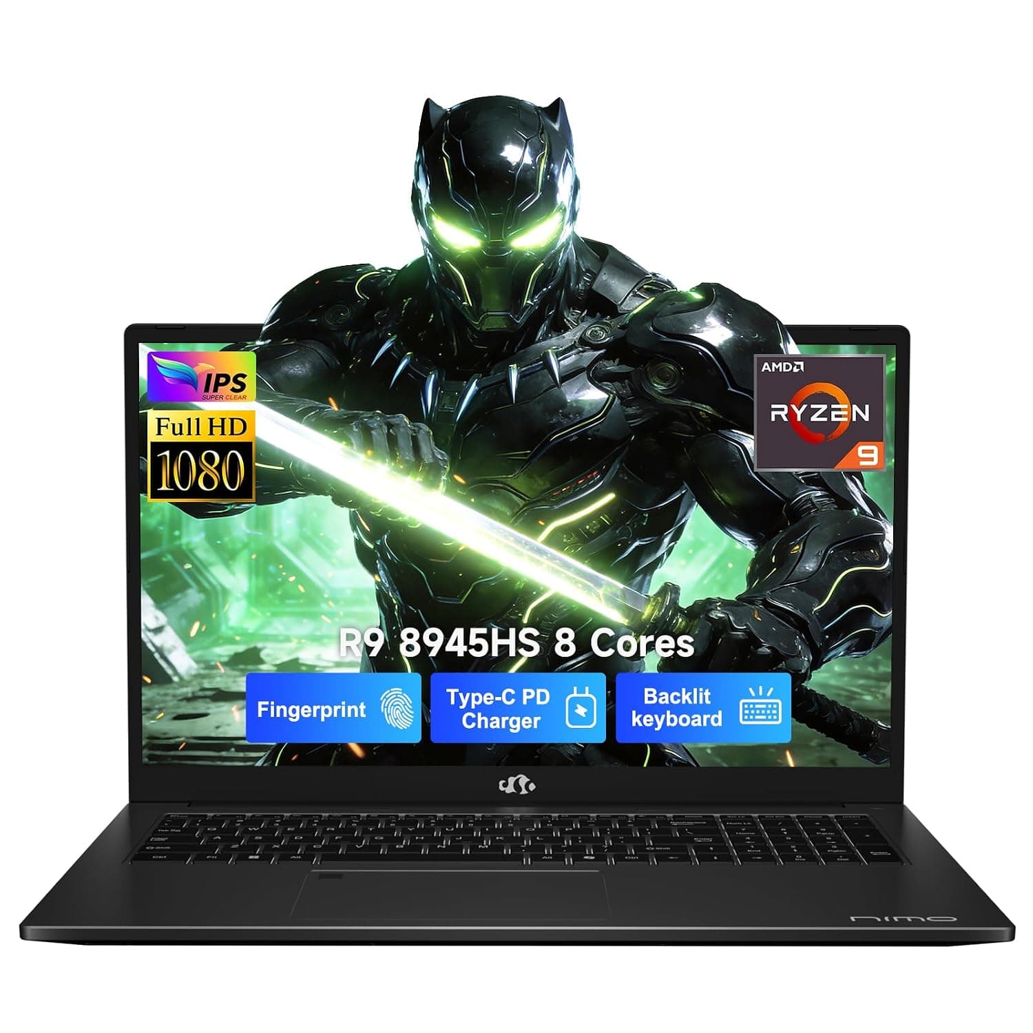 NIMO 17.3 Gaming-Laptop Ryzen 9 8945HS (Beat i9-13900H, Up to 5.2GHz) 32GB RAM, 1TB SSD, Radeon 780M, PD 100W Type-C AI-Enhanced for Copilot VR Ready, Backlit Keyboard, Fingerprint