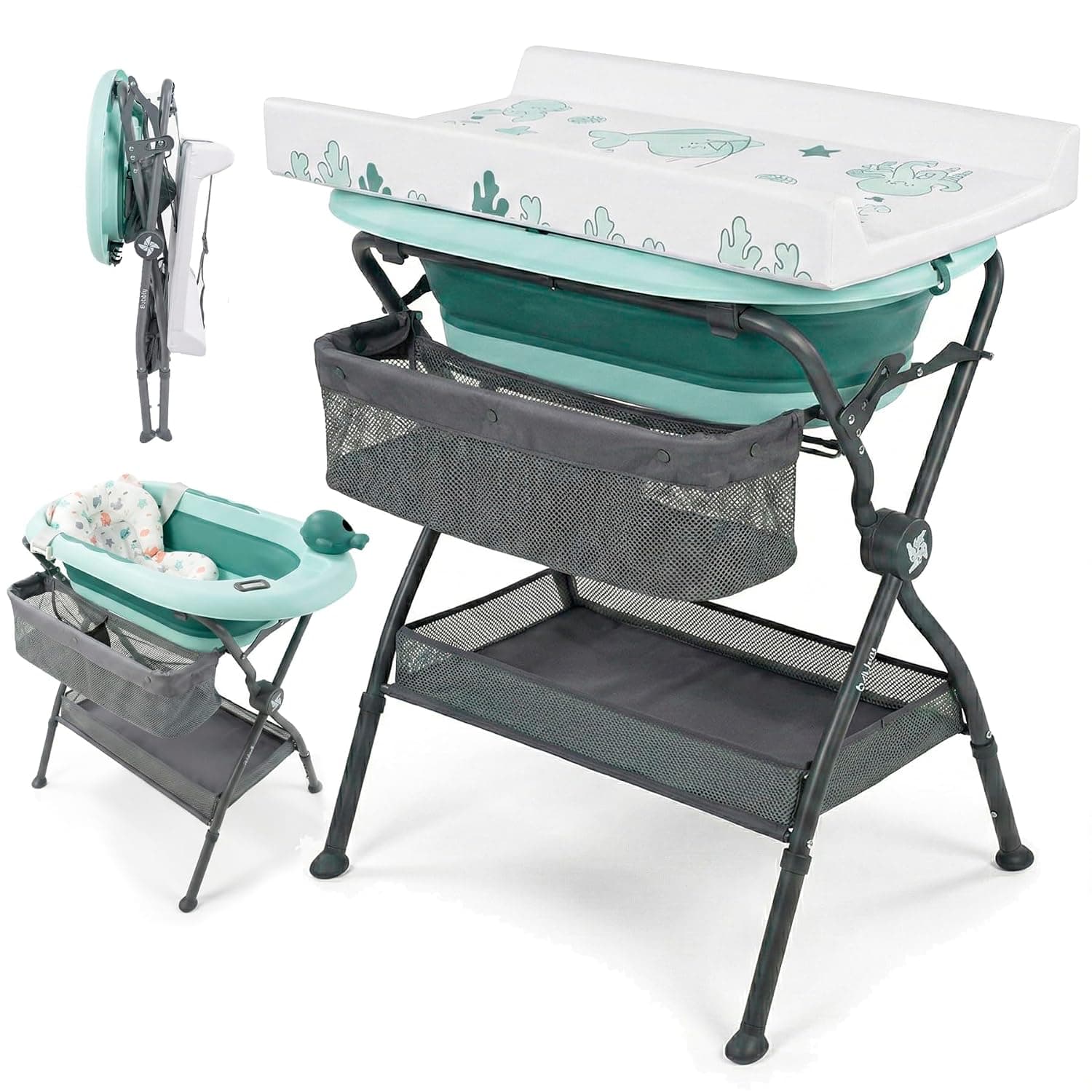 Twinly Bubbly 2-in-1 Baby Bath and Changing Table – Folding Stand & Integrated Thermometer – Baby Essentials for Newborn – Includes Bath Seat & Pillow – Portable & Ideal Small Bathrooms (Green)