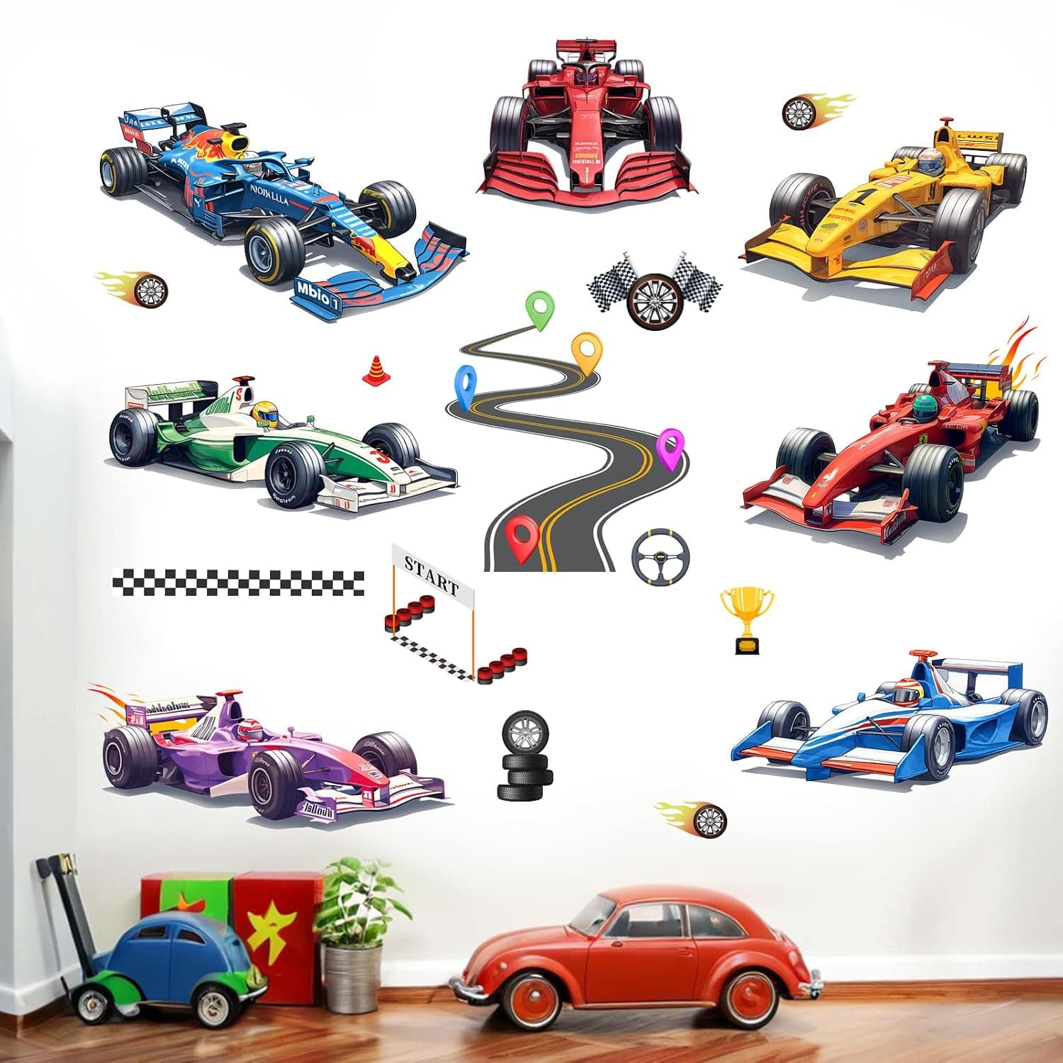 Racing Cars Wall Stickers - Vehicles Roads Boys Bedroom Wall Decals - Baby Nursery Kids Room Daycare Playroom Wall Decor