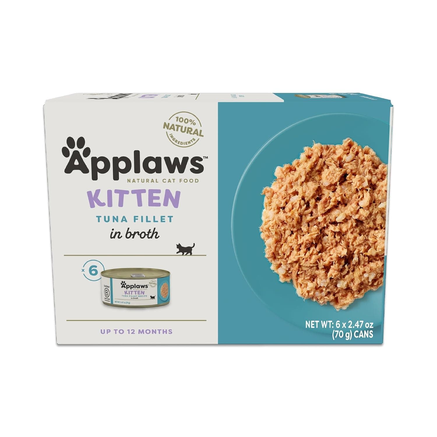 Applaws Natural Wet Kitten Food in Broth, Limited Ingredient Canned Wet Kitten Food, No Additives, Made with Natural Ingredients, Tuna Fillet in Broth (6 x 2.47oz Cans) | 100% Natural, High Quality Protein, Limited Ingredient, Complementary Wet Food Topper, Carrageenan Free