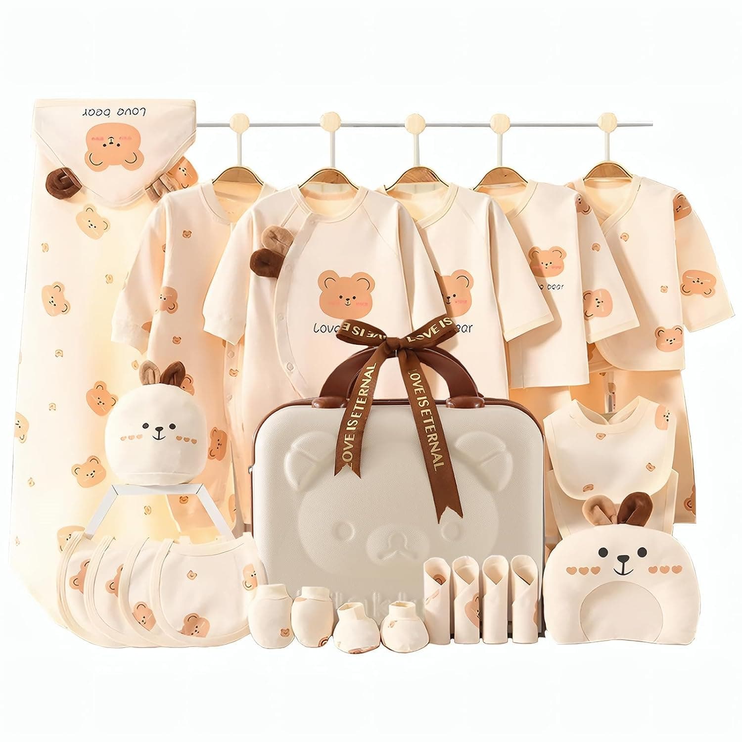 26PCS Newborn Baby Gifts Set, Newborn Layette Gift Set, Baby Clothes Accessories Set for Boys Girls, Perfect Gift Box with Suitcase for Spring Summer Autumn Winter (Gift Suitcase, love bear)