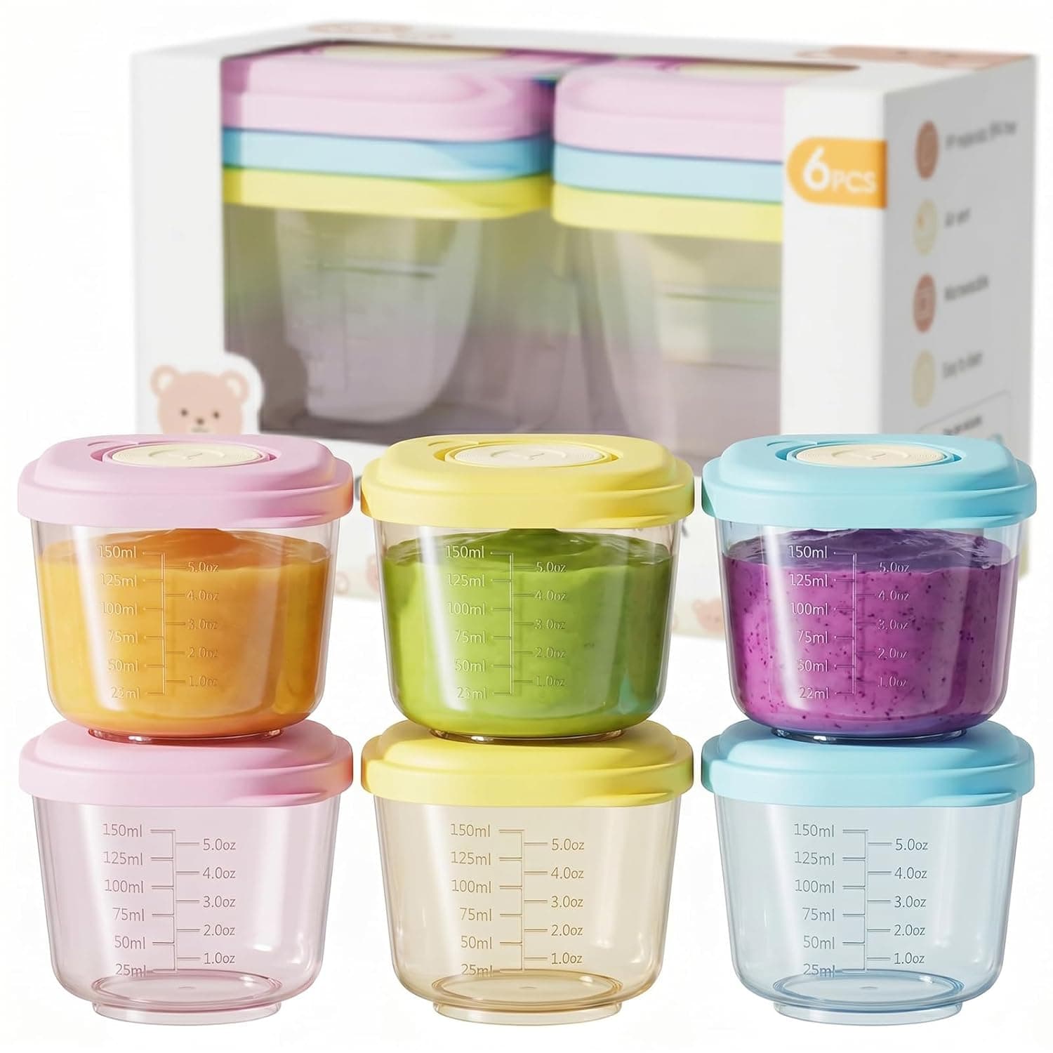 Baby Food Containers - 5 oz BPA-free, leak-proof, stackable, airtight lid storage jars for breast milk, purees, and snacks - Microwavable, dishwasher-safe, and freezer-safe