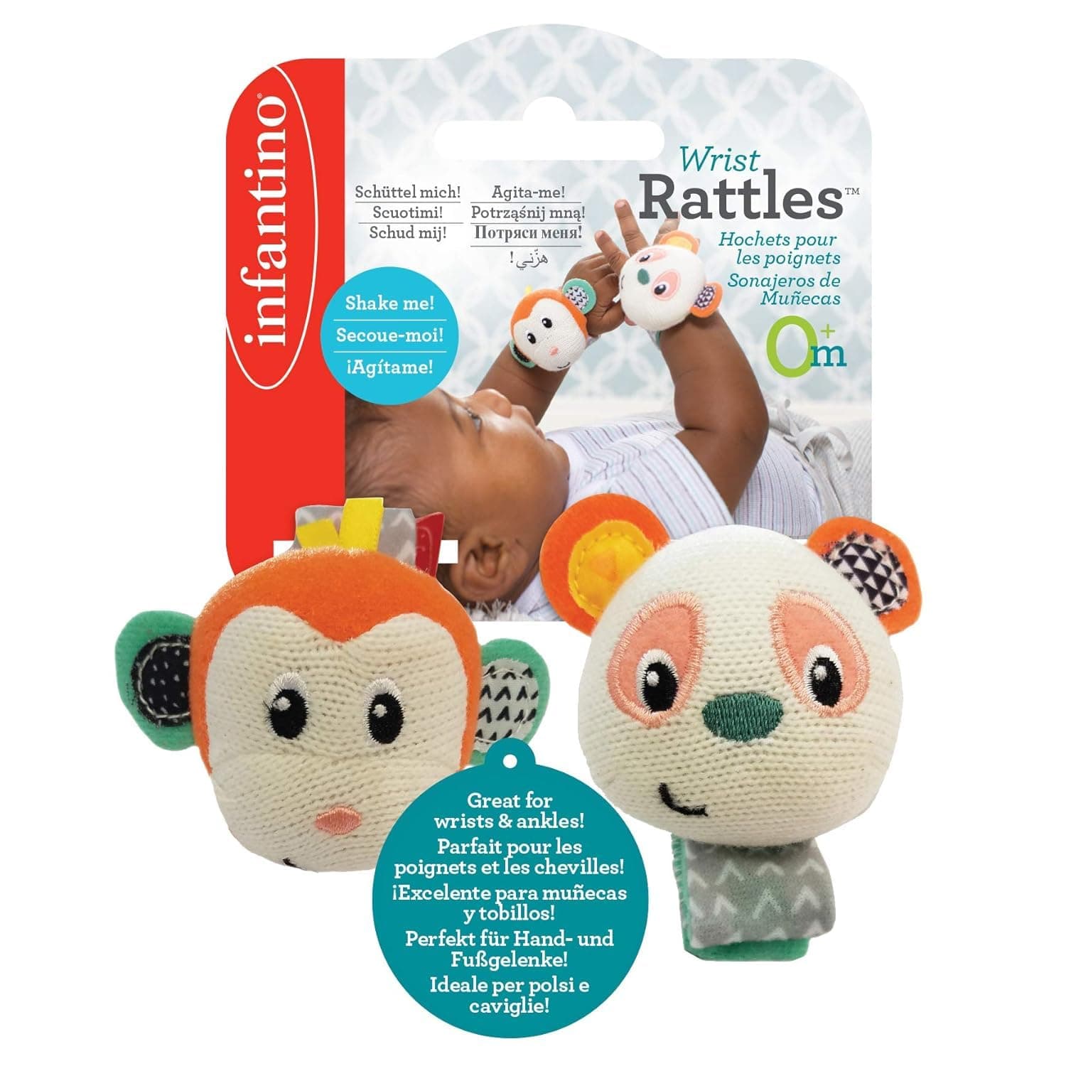 Infantino wrist rattles Monkey/Panda Baby teething & Rattling Toy, Multicolor, Wrist Rattles Monkey/Panda, IN206892, Large