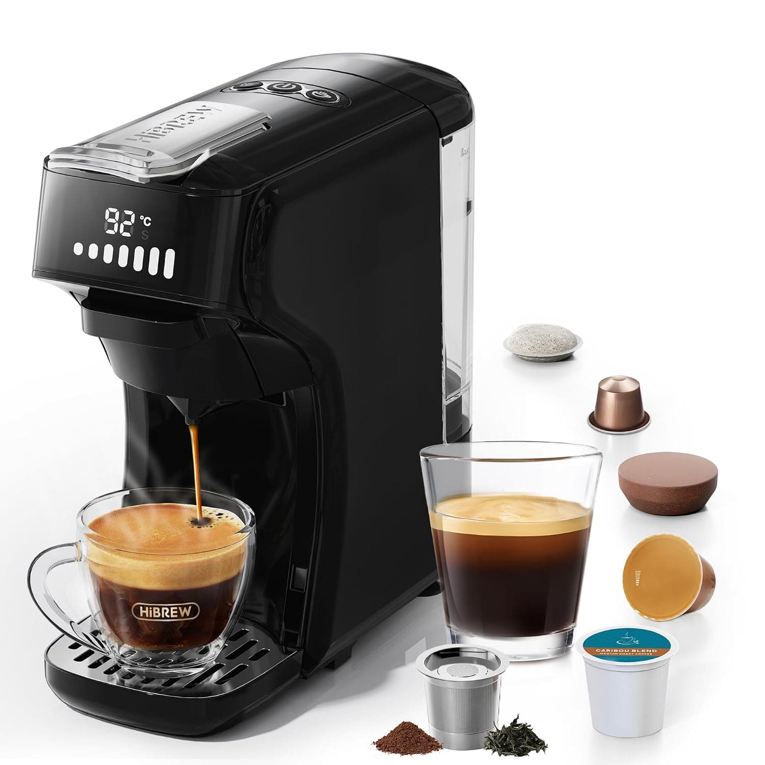 HiBREW H1B 6-in-1 Capsule Coffee Maker, 20 Bar Espresso Machine Compatible with Kcup*/Ns*/DG*/ Espresso Powder, Cold/Hot Mode with LED Indicator, Energy Saving & Anti-Dry Protection