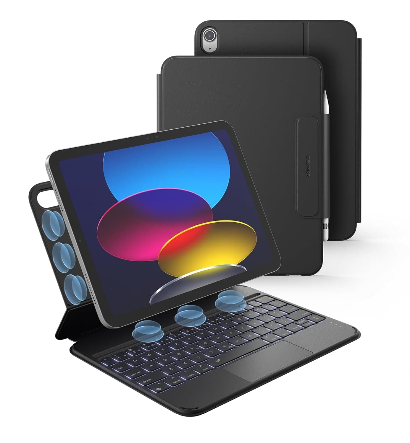 كيبورد دكسنور بلوتوث مغناطيسي قابل للفصل مع تراك باد وإضاءة خلفية باللون الأسود لآيباد الجيل 11 وآيباد الجيل 10