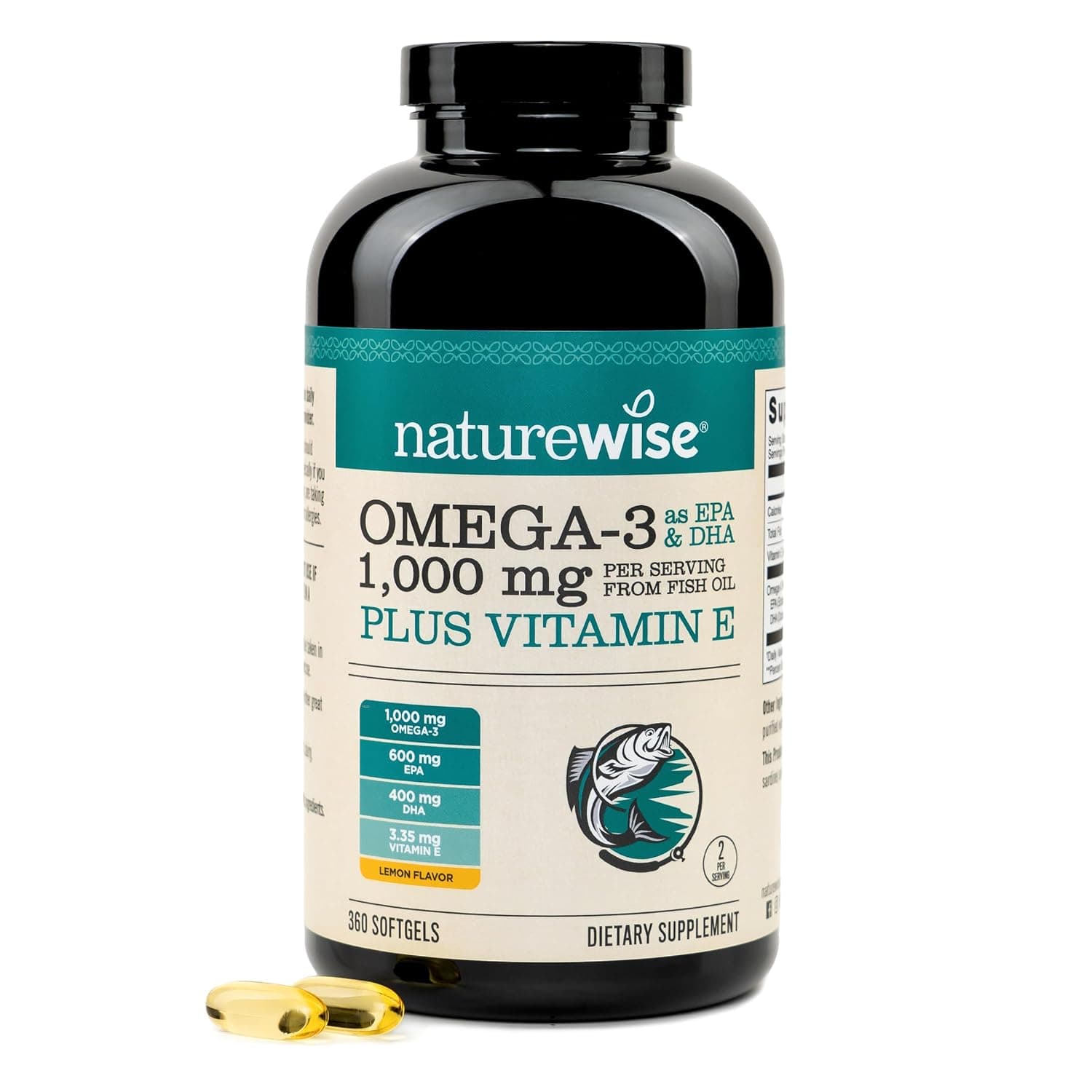 NatureWise Extra-Strength Omega 3 Fish Oil Supplement - 1000mg per Serving - 600 EPA & 400 DHA and Vitamin E - Support for Heart & Brain Health - Lemon Flavor, GMO-Free - 360 Softgels[6-Month Supply]