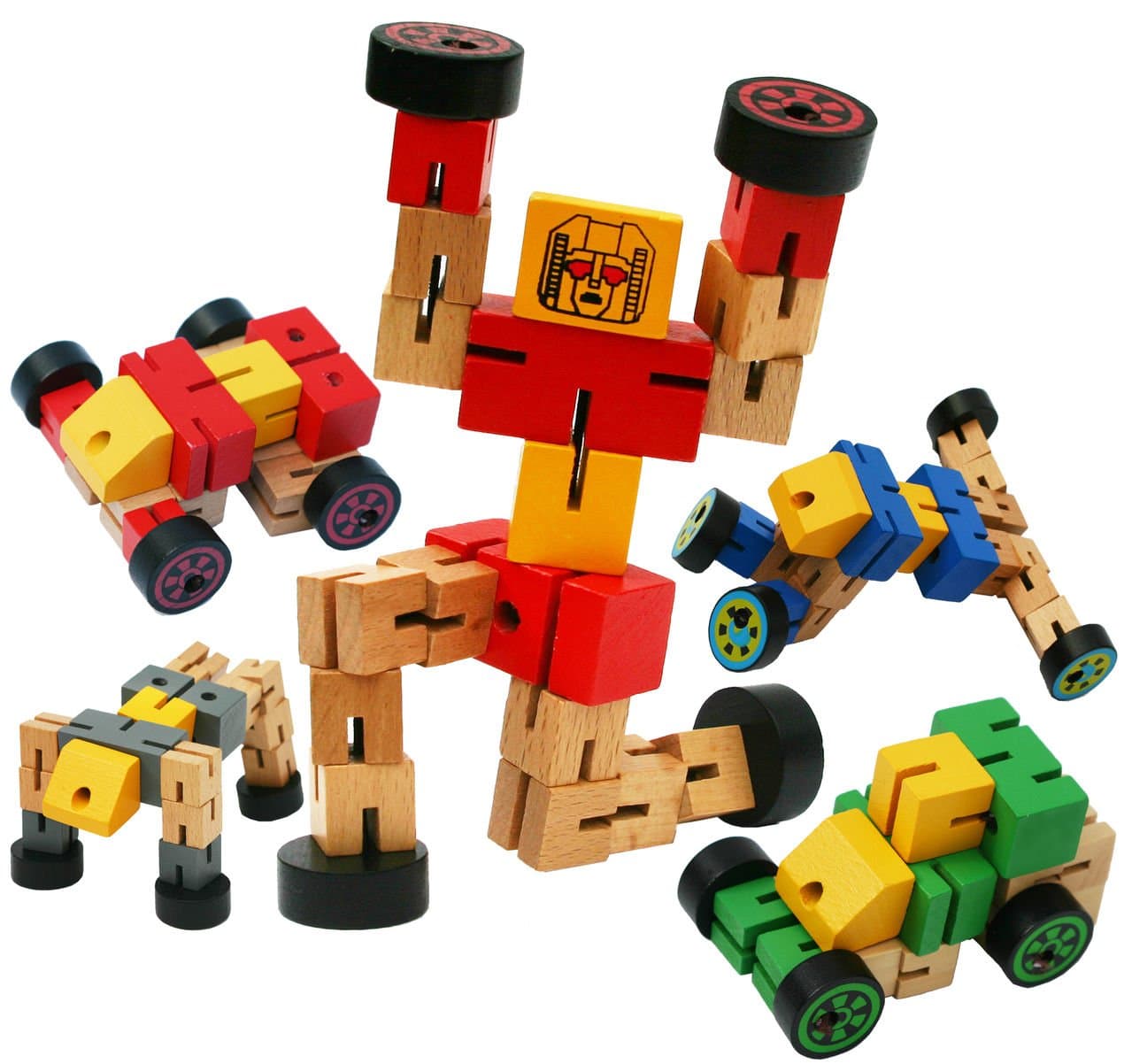TOWO Transformable Wooden Robot Vehicle Toy Red | Red wooden vehicle that turns into a robot; compact construction set for travel, boys and girls from 3 years old.