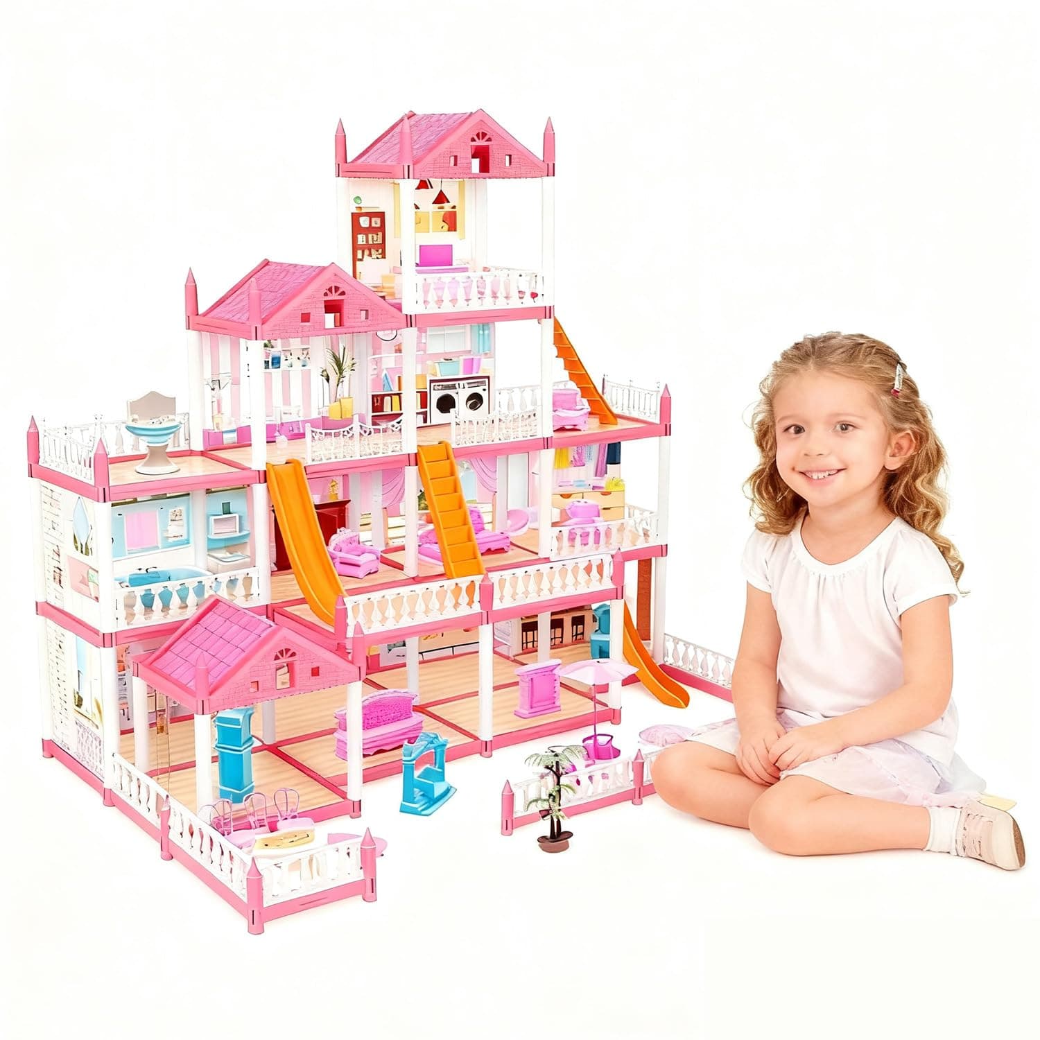 Doll House Building Toy Play Dream Furniture Dollhouse Playset with 2Doll & 4Stories14Rooms House Fully Furnished,Pet Puppy & Accessories,Toddler Playhouse DIY Building Kids Gift for 3 Years Old+ (B4)