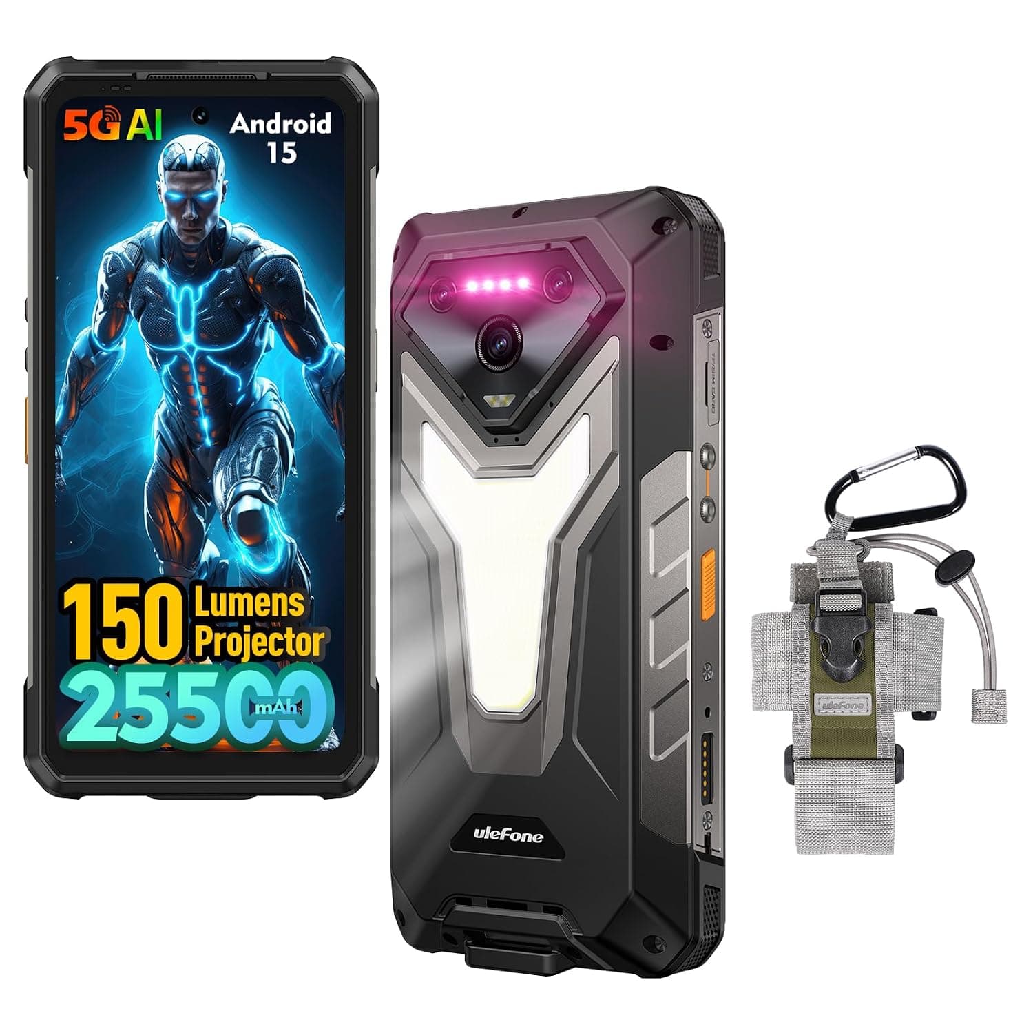 Ulefone Armor 34 Pro Plus 5G Rugged Phone Unlocked with 150 Lumens Projector, 32GB+512GB ROM/2TB, 25500mAh 66W, Android 15 6.95" 120Hz, 64MP+50MP+50MP 32MP, 1100LM LED Light/Waterproof/NFC/Widevine L1