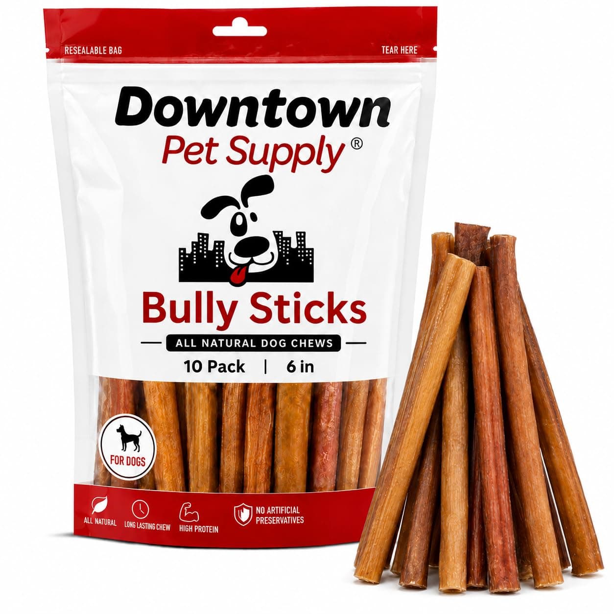 Downtown Pet Supply Bully Sticks for Dogs - Natural 6 Inch Beef Chews, Odor-Free & Rawhide-Free, Long Lasting Dog Treats for Aggressive Chewers - Healthy, Safe & Delicious Chews Dogs Love (10 Pack)