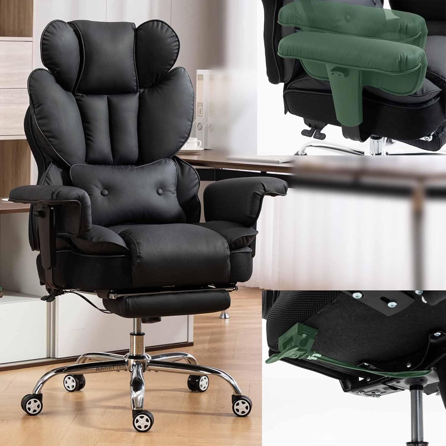 AnneFish Executive Chair with Footrest, High Back Reclining Office Chair, Home Office Comfortable Computer Chair Spring Seat Lifting Handrail Silent Wheels (Black Liftable)