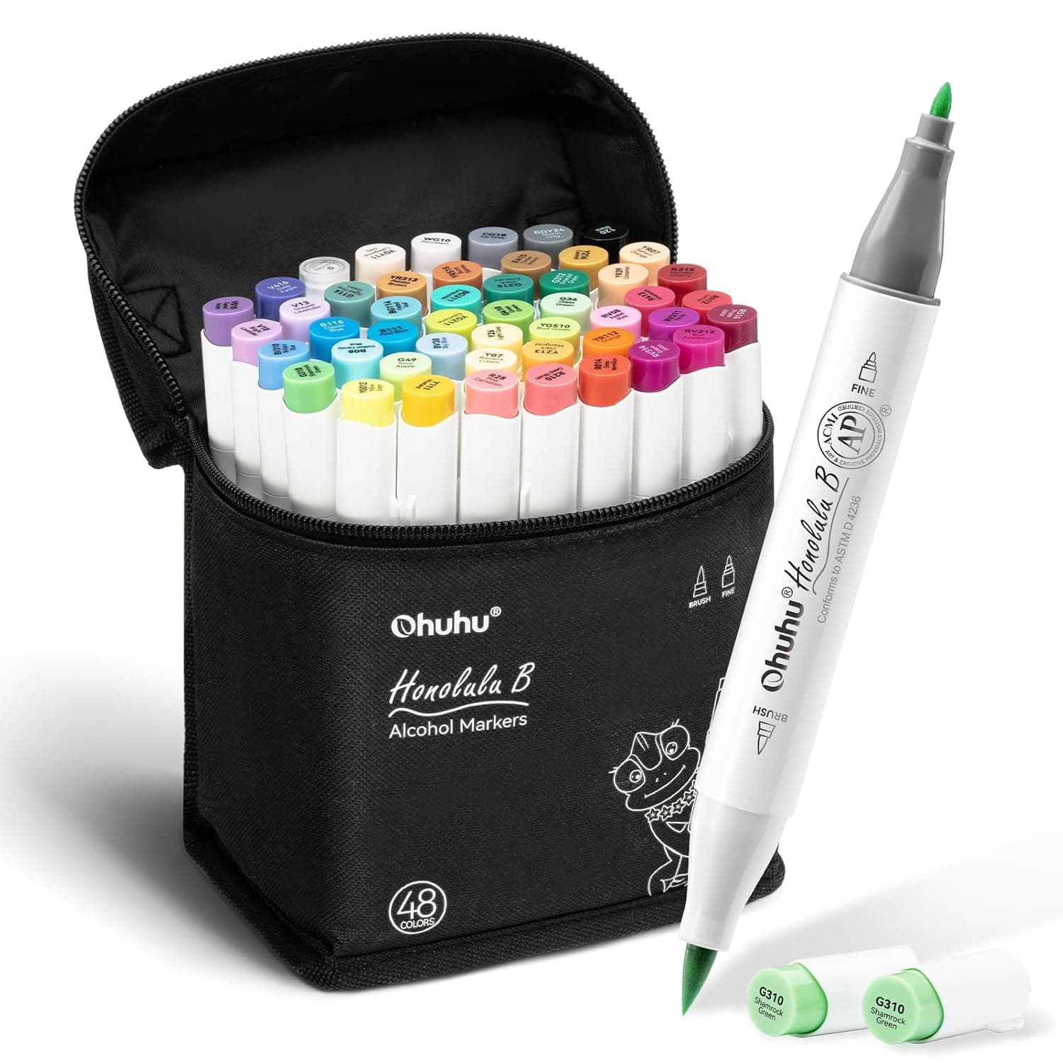 Ohuhu Alcohol Markers 48 Colors: Dual Tips Alcohol Marker for Artists Adults Coloring Sketch Illustration - w/ 1 Colorless Blender - Honolulu & B Series (Brush & Fine)