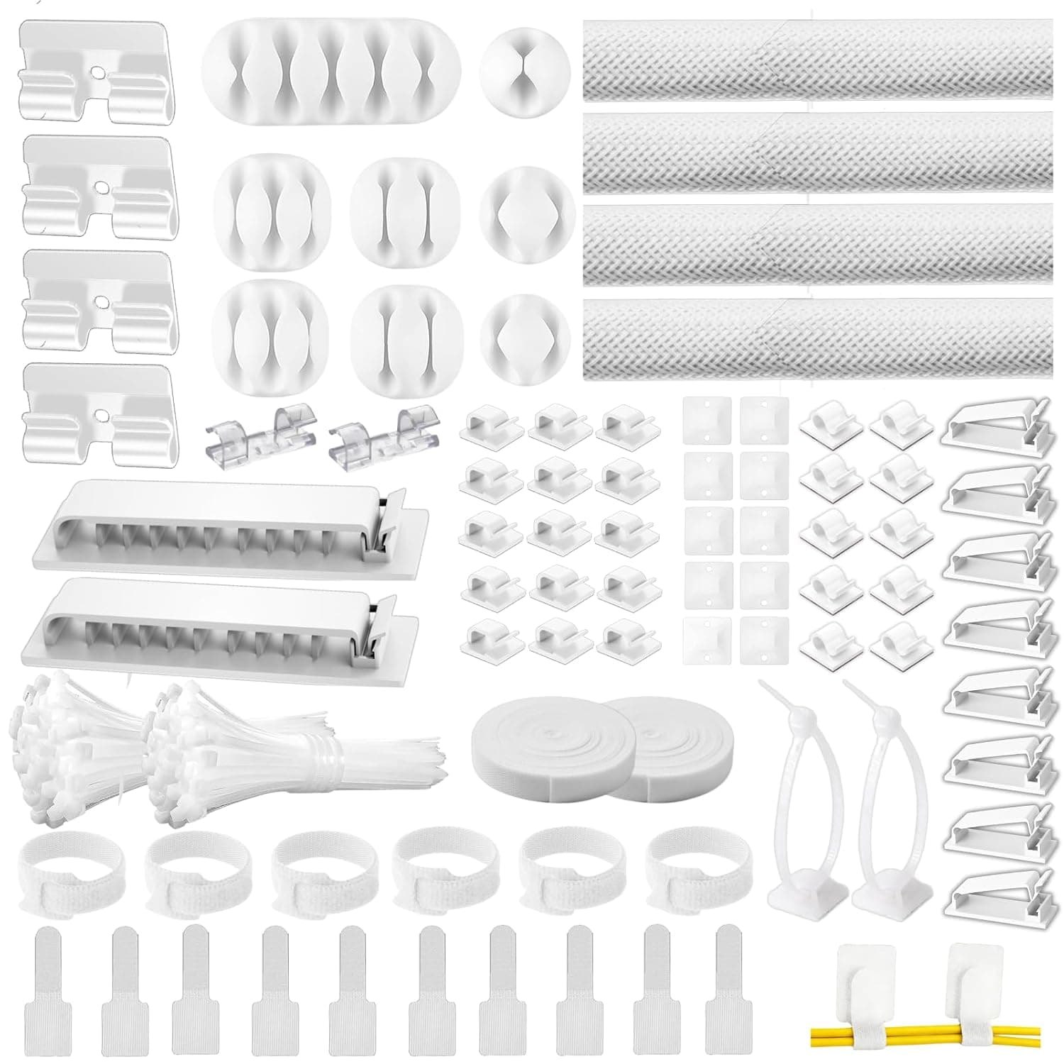 [313Pcs] Cable Management Kit by Topavatop, إدارة الكابلات Desk Cord Organizer, 67 Adhesive Wire Clips, 4 Cable Sleeves Split, 22 Reusable Cable Strap, 200 Nylon Cable Zip Ties for TV Office, White