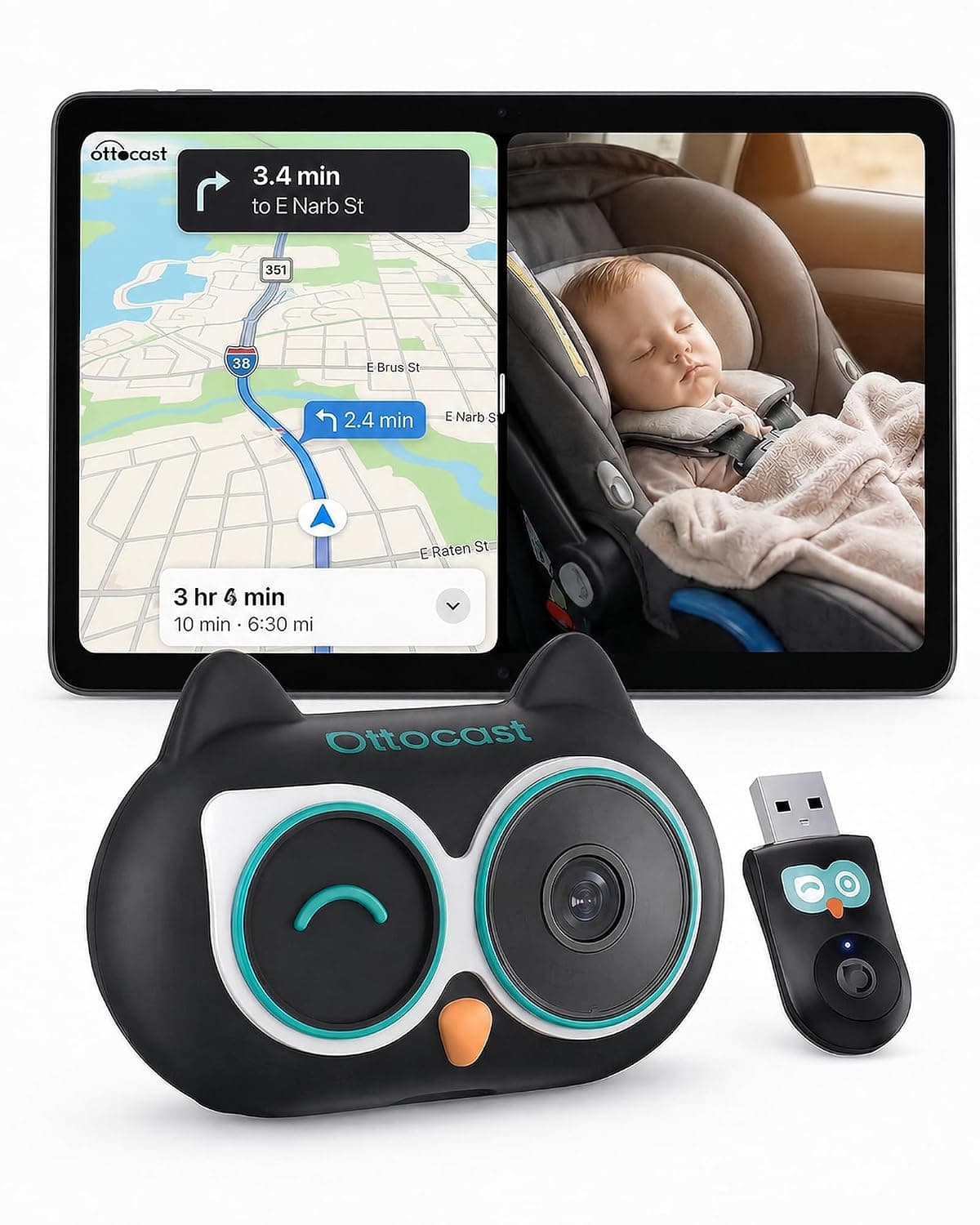 OTTOCAST Cabin Care Baby Car Camera 2026,Uses Your Car's Built-In Screen,No Extra Screen Needed,Split Screen for CarPlay and Baby View,No-Glow Night Vision,Plug&Play,150°Wide Angle(No Android Support)