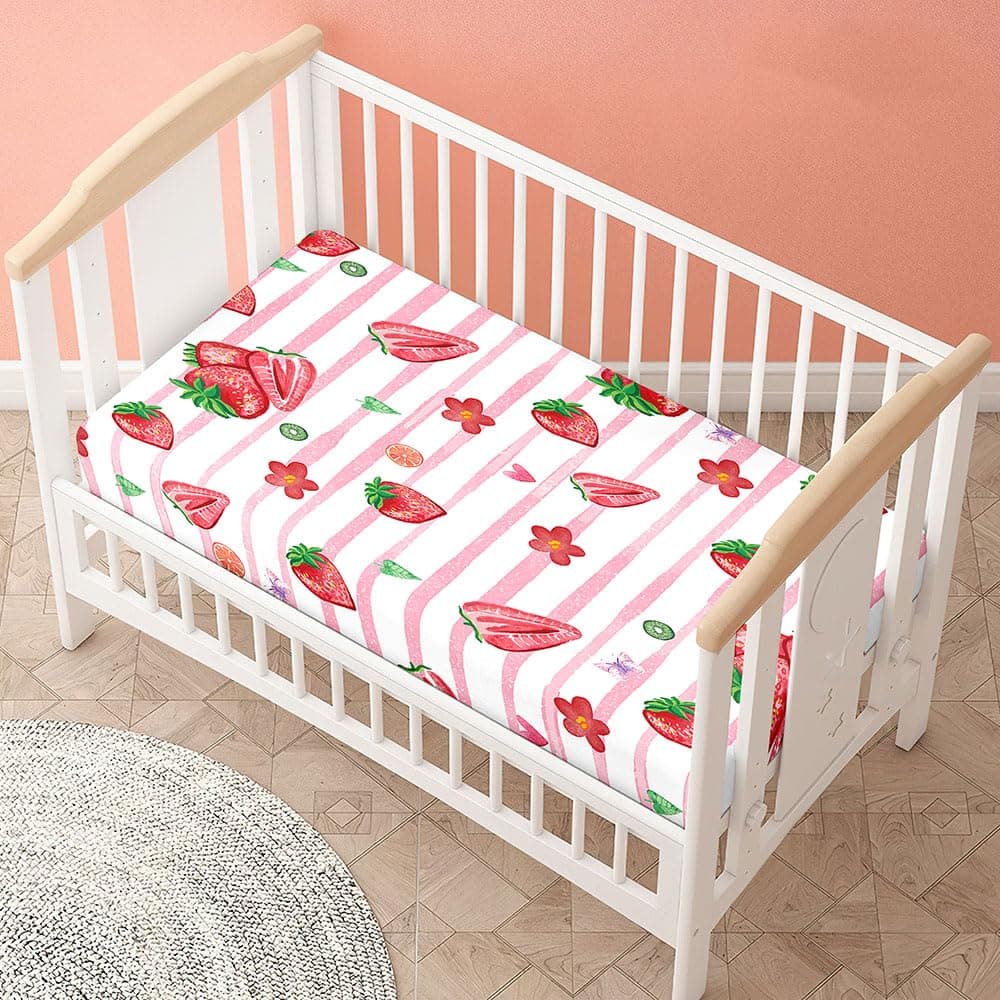 Morbuy Cot Fitted Sheets, Soft Cot Sheets, Cot Sheets with Elasticated Corners, Crib Sheets for Babies, Girls and Boys (85 x 51 cm, Pink Strawberry)