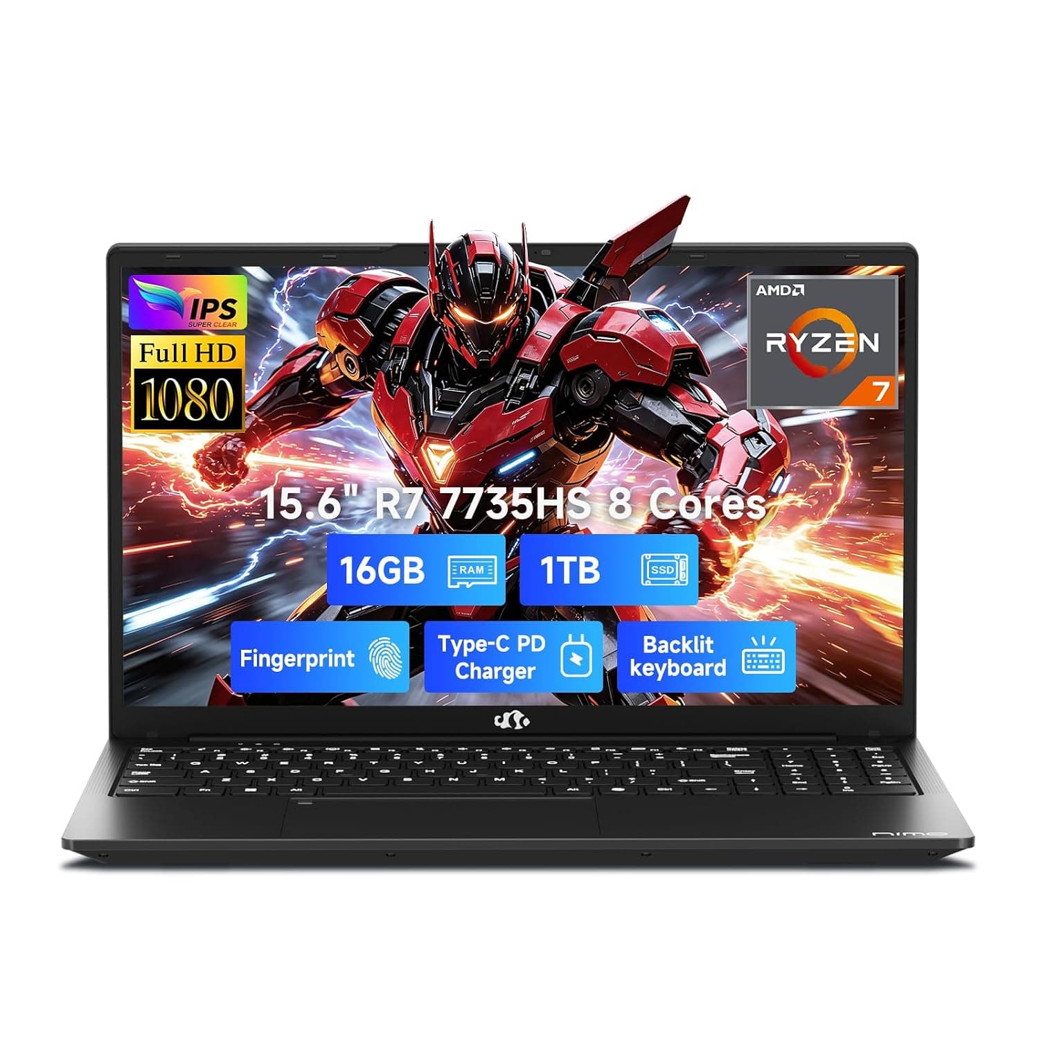 NIMO Light-Gaming-Laptop, Ryzen 7 7735HS (Beats i7-12650H), 32GB DDR5 1TB SSD, 100W PD, Radeon 680M 15.6" FHD Backlit KB Fingerprint 2Y Warranty Computer for Business Gaming College School