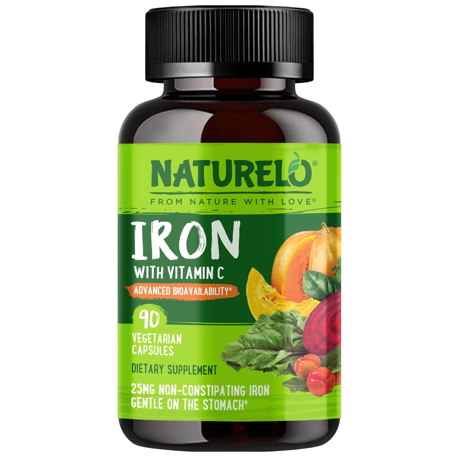 NATURELO Vegan Iron Supplement with Whole Food Vitamin C - Best Natural Iron Pills for Women & Men w/Iron Deficiency Including Pregnancy, Anemia and Vegan Diets - 90 Mini Capsules