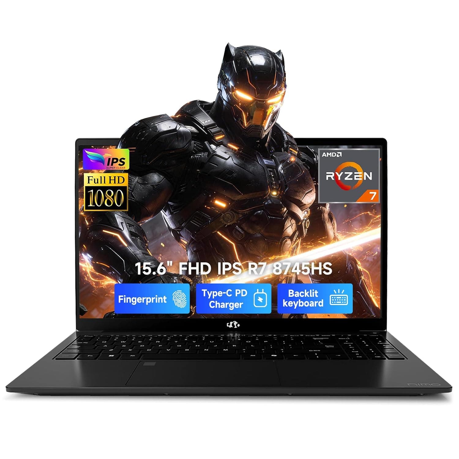 NIMO 15.6" IPS FHD-Gaming-Laptop, Ryzen 7 8745HS 16GB DDR5 RAM 512GB SSD Radeon 780M Graphics (8C/16T, up to 4.9GHz) 100W Type-C Backlit Keyboard, Fingerprint USB-C 4.0