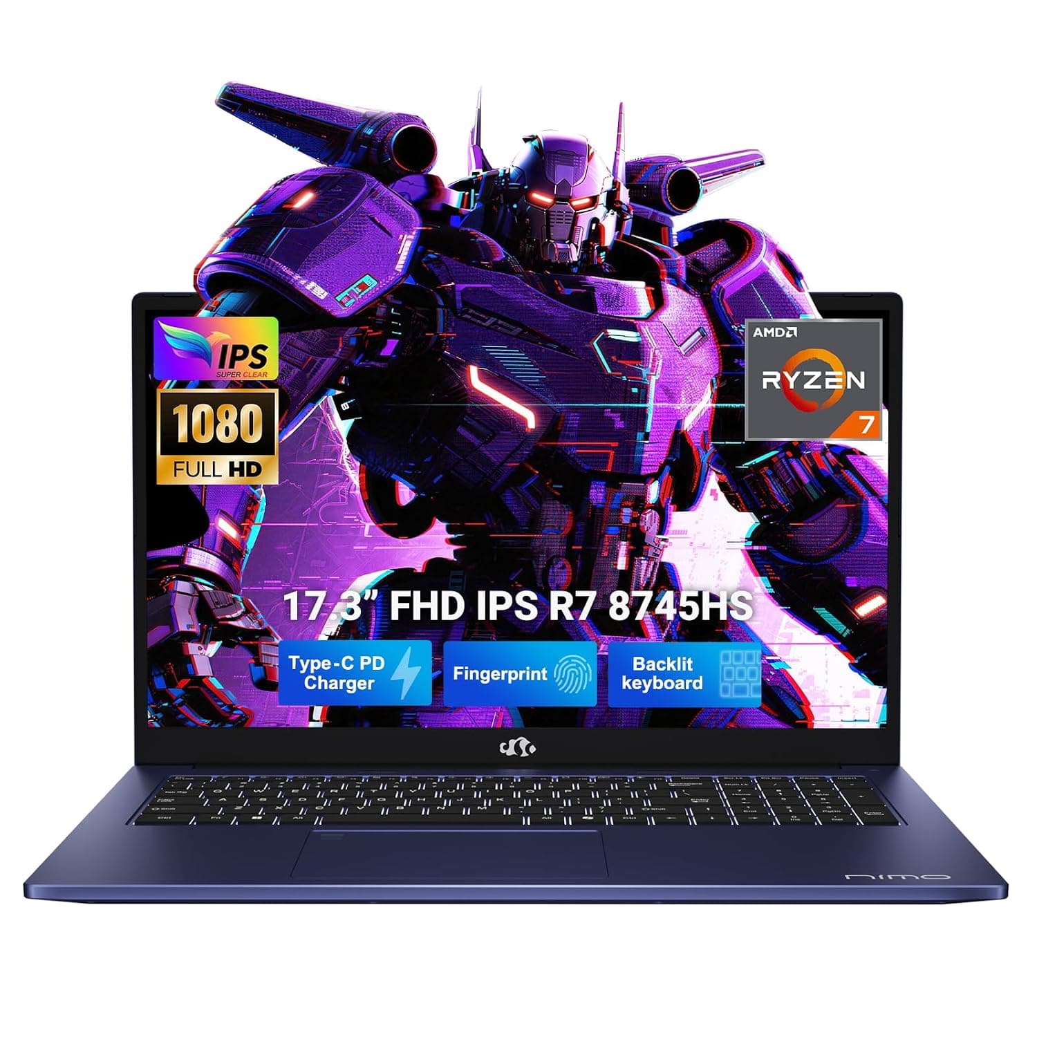 NIMO 17.3" Gaming-Laptop, 8 Cores Ryzen 7 8745HS 16GB DDR5 RAM 512GB SSD (Beat R9 6900HX, up to 4.9GHz) Radeon 780M GPU IPS FHD 100W Type-C Fingerprint, Backlit Keyboard