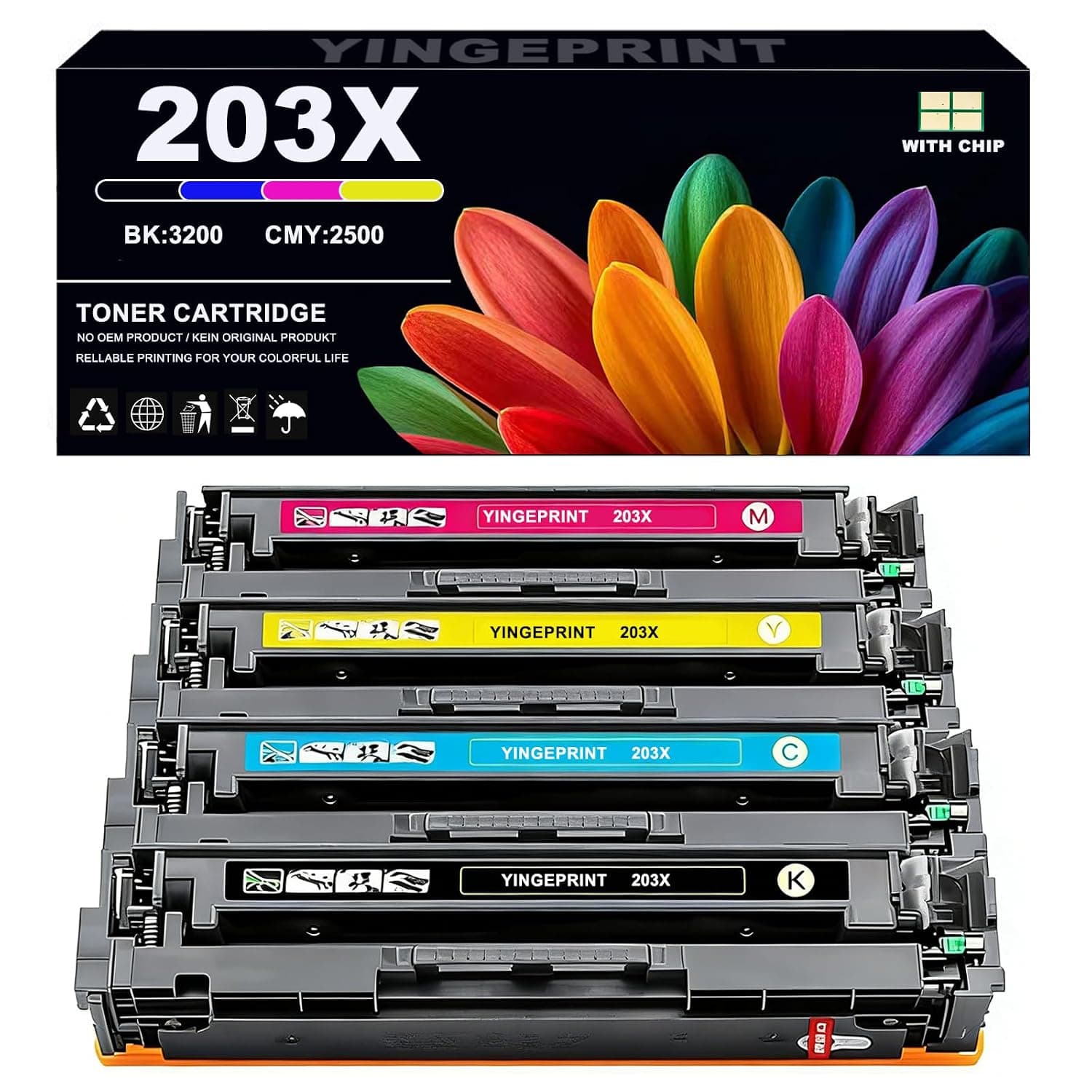 Compatible 203X CF540X CF541X CF542X CF543X Toner Cartridge Compatible Printer with Color LaserJet Pro M254dw,M254nw,MFP M280nw,MFP M281cdw,MFP M281fdn,MFP M281fdw,4 Pack