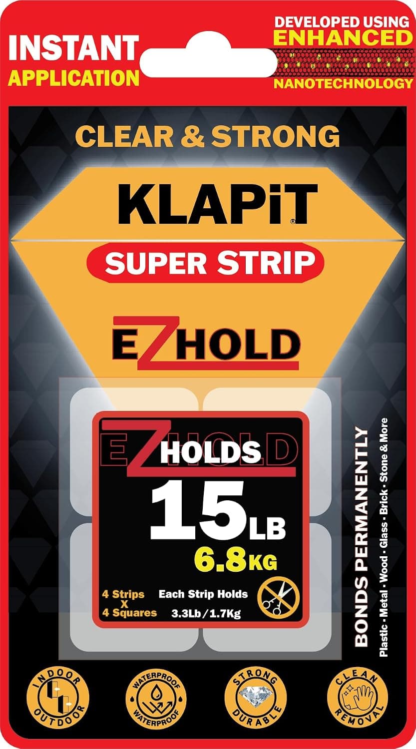 KLAPiT SUPER STRIP EZHold - Pre-Cut Strong Mounting Tape Squares (1”x1”) - Heavy-Duty, double sided, Waterproof, Clear Nano Tape for Hanging Pictures, Frames, Fixing Carpet, Rugs, Furniture (16 pc)
