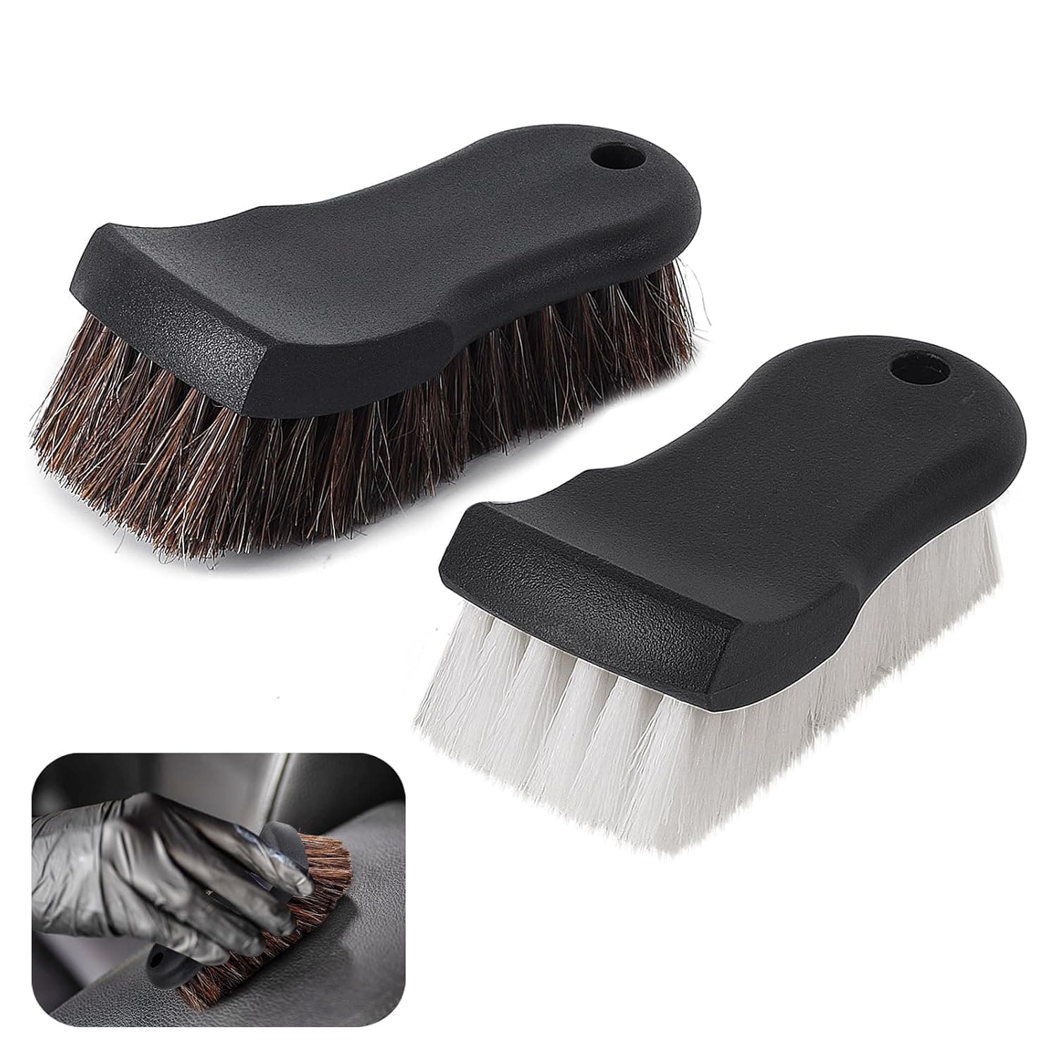 Upholstery Brush Set - Horsehair Bristle Cleaning Brush for Car Interiors, Leather Seats & Furniture (Long Handle, Dual-Use Carpet & Auto Detailing Kit)