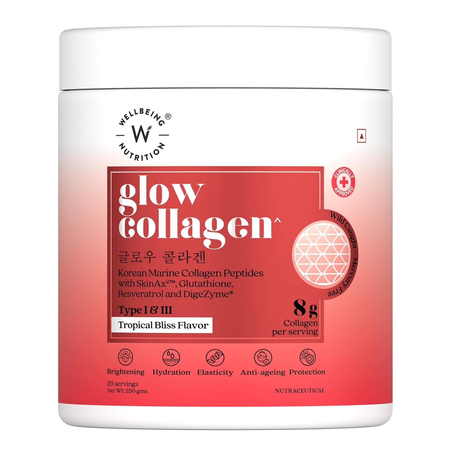 WELLBEING NUTRITION Glow Korean Marine Collagen Peptides with Skin, Glutathione, Resveratrol, Bromelain & Goji Berry| Tropical Bliss Flavor - 250g
