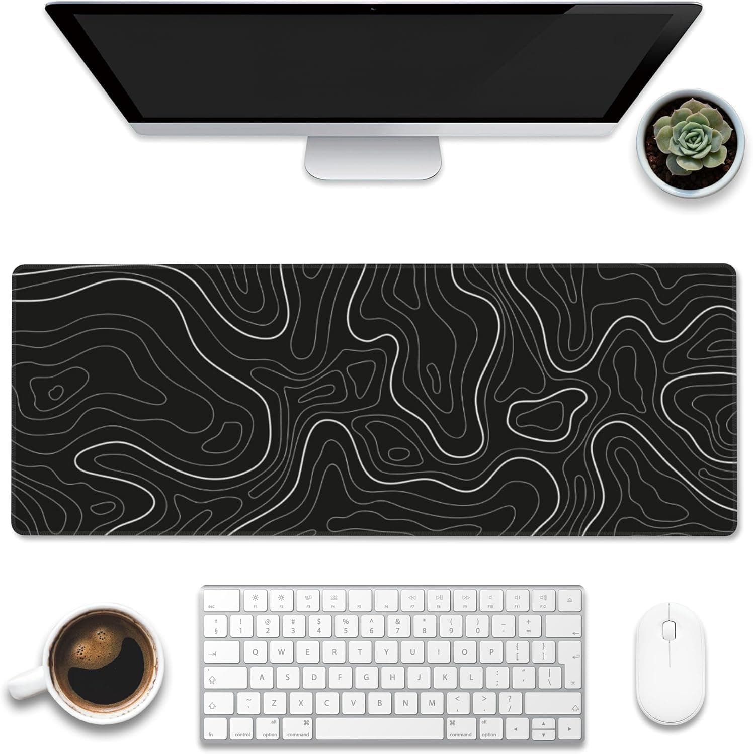Super Smooth Fabric,Minimalist Desk Mat Topographic Pattern Gaming Mouse Pad Large Desk Pad with Stitched Edges Gaming Mousepad Aesthetic Deskmat, Keyboard Pad for Women Desk 31.5"x11.8" Black