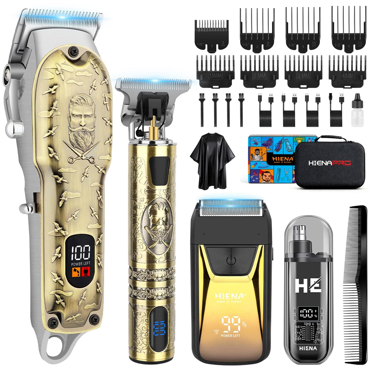 HIENA PRO Professional Hair Clippers for Men, Cordless Hair Trimmer, Beard Trimmer, Foil Shaver, Nose Trimmer Set, USB Rechargeable Complete Set, Electric Hair Cutting Kit (313 Set)
