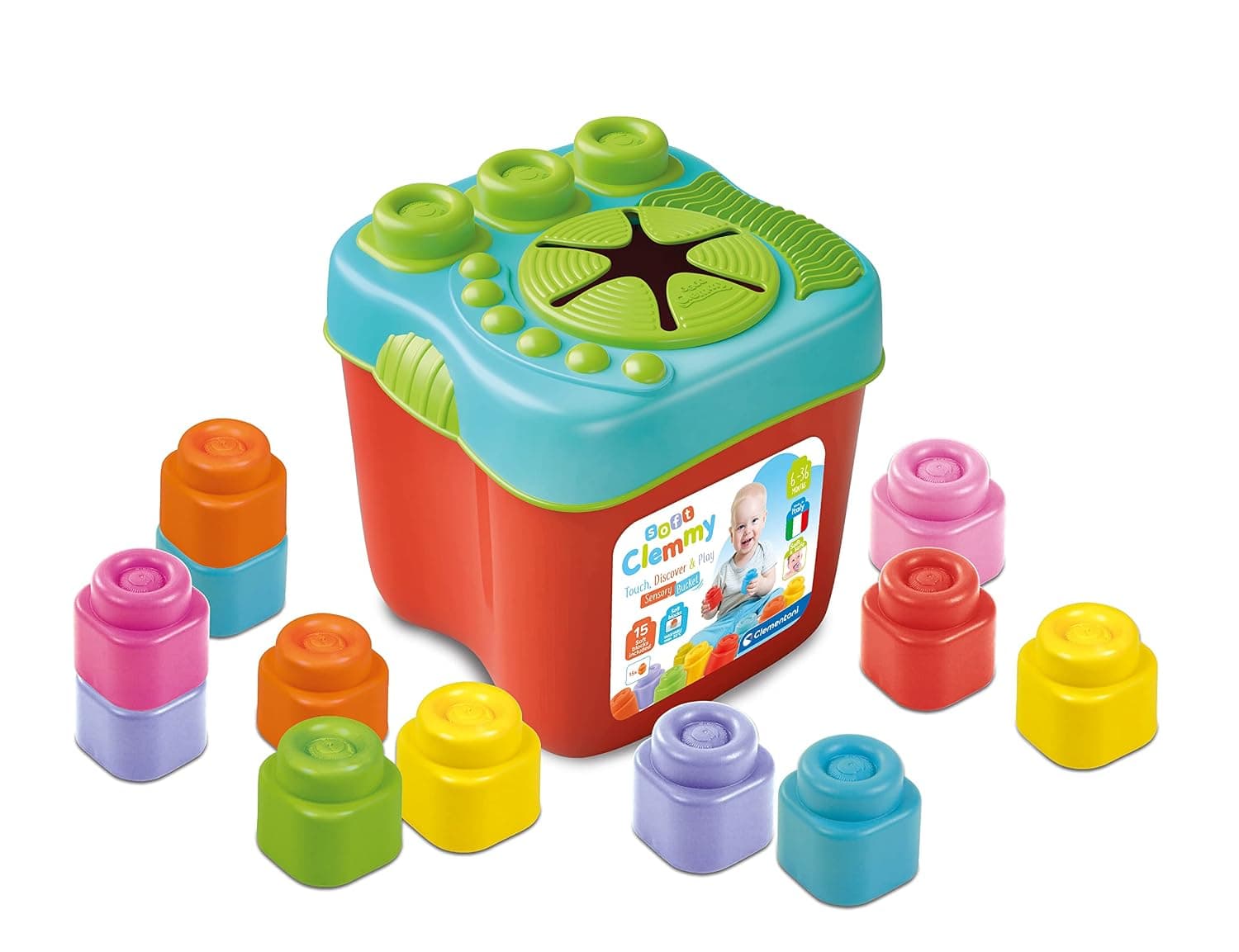 Clementoni 17807 Sensory Bucket, Clemmy Soft Blocks for 6 Months, Building Bricks Washable, Construction Kids, Early Development & Activity Toys, Made in Italy