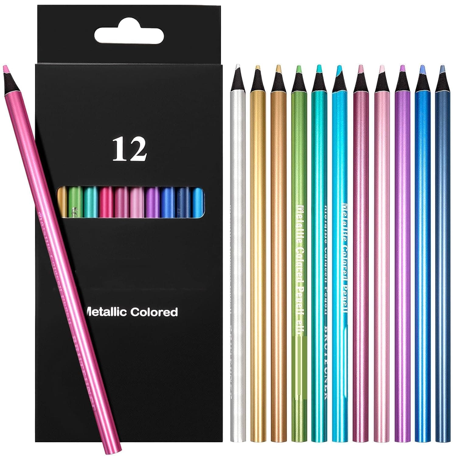 12 Pcs Metallic Colored Pencils, Soft Core, Pre-Sharpened, Non-Toxic, for Sketching, Shading and Blending on Black Paper, Art Supplies for Adults, Kids, Beginners and Artists
