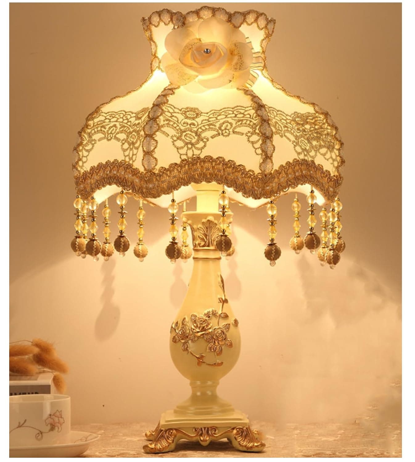 Traditional Table Lamp Handmade Victorian Style Lace Fabric Lampshade Bedside Lamp, Antique Painted Resin Desk Lamp for Bedroom Living Room, 14" W, 20" H. (L3)