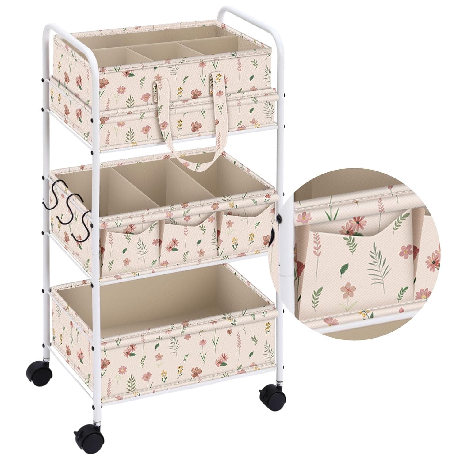 Yookeer 2in1 Baby Diaper Caddy Organizer Cart 3 Tier Large Capacity Metal Utility Bedside Rolling Cart with Divider Newborn Registry Gift Nursery Essential Must Have Bedroom Baby Shower(White,Flowers)