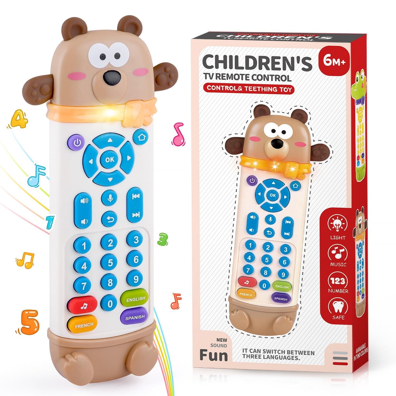 Baby Remote Control Toy ，with Silicone Teether toys, Teething Remote Control with Realistic Lights and Sounds ，Baby Musical Early Learning Toys Gifts for 6 Month+ (brown)