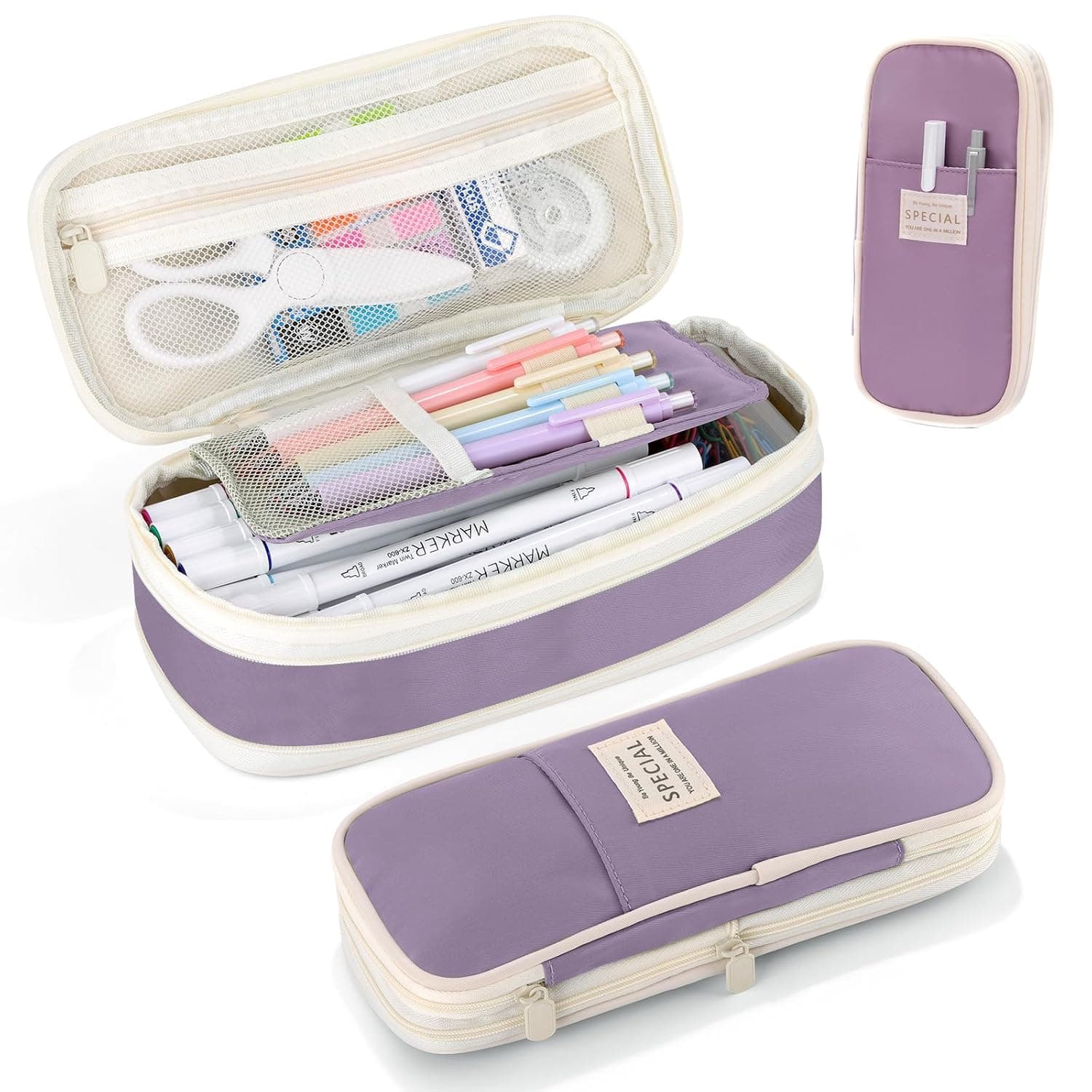 Bukela Large Capacity Pencil Case with Zipper Aesthetic Pencil Pouch Portable Stationery Organizer Bag for Teen and Adults Big Pencil Bag for College Office Travel (Purple)