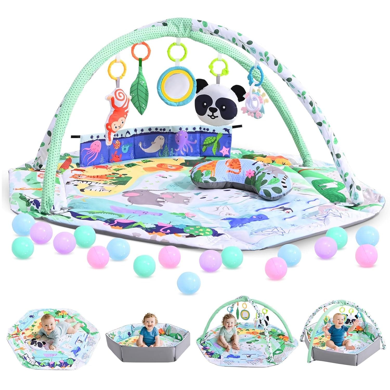 ZERIFAM Baby Gym Activity Play Mat, 5-in-1 Baby Gym Play Mat, Tummy Time Mat & Ball Pit with 5 Hanging Ornaments and 18 Balls, Infant Play Mat with Detachable Toys Gift for Toddler Infant