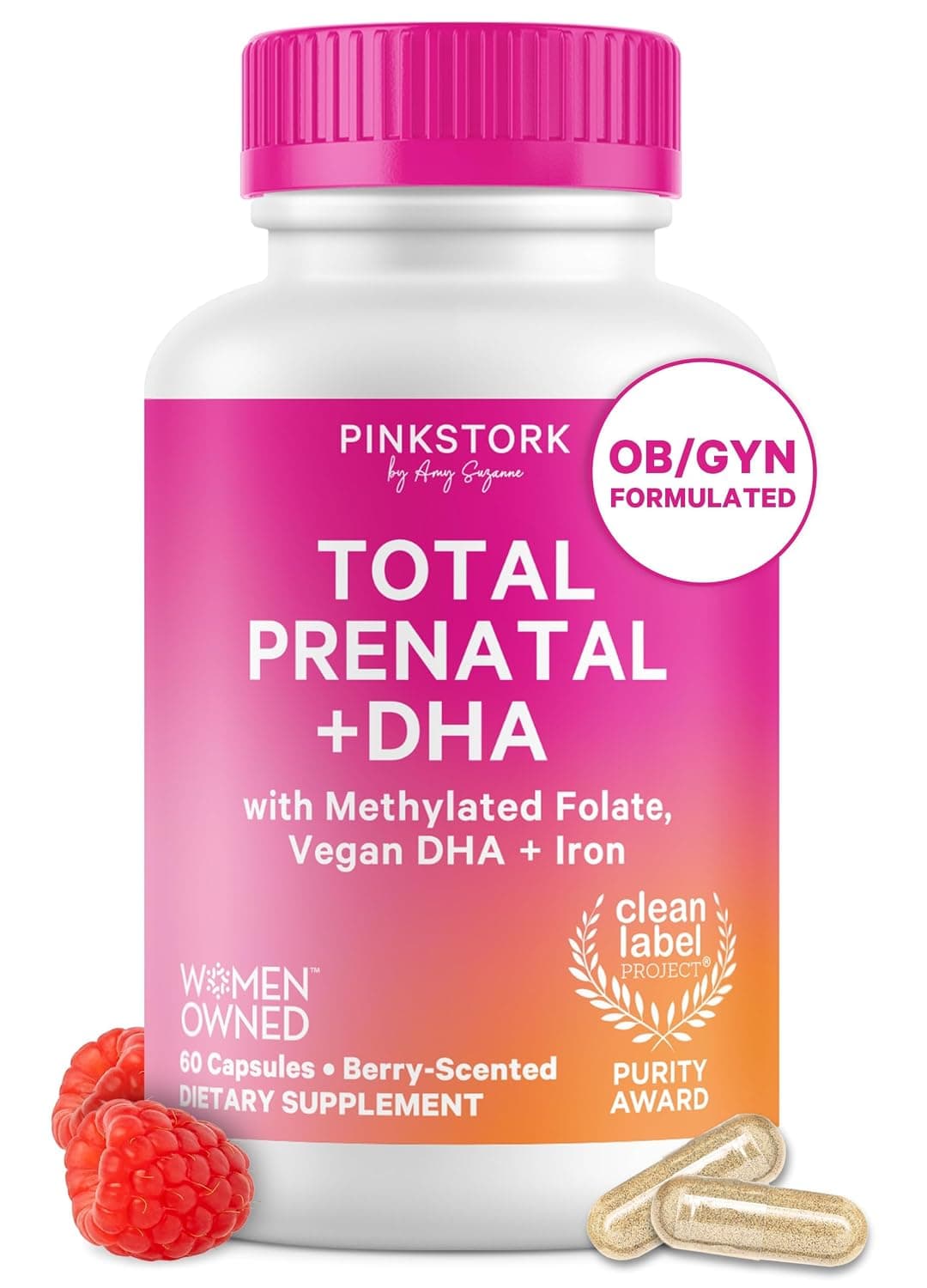 Pink Stork Total Prenatal Vitamins with DHA, Folate, Iron, Choline, and Vitamin B12 - Prenatals for Women to Support Fetal Development, Pregnancy Must Haves - 60 Capsules, 1 Month Supply | 14 OBGYN-Recommended Nutrients | 200mg Vegan DHA | Methylated Folate, Choline, 27mg Iron | No GMO, Gluten or Soy
