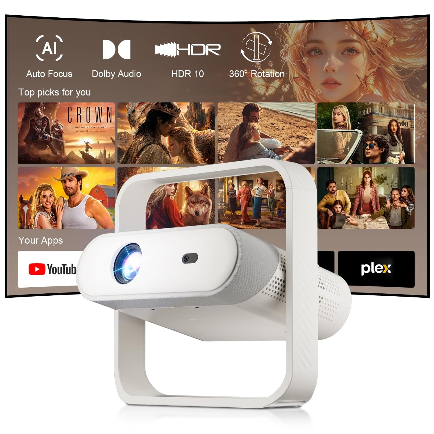 Smart 4K Projector,Native 1080P,Built-in Apps,AI Auto Focus,Salange P40 | WIFI 6 and Bluetooth5.4,Mini Portable Projectors with Dolby Audio,Smart Proyector for Outdoor/Bedroom/Home/Games