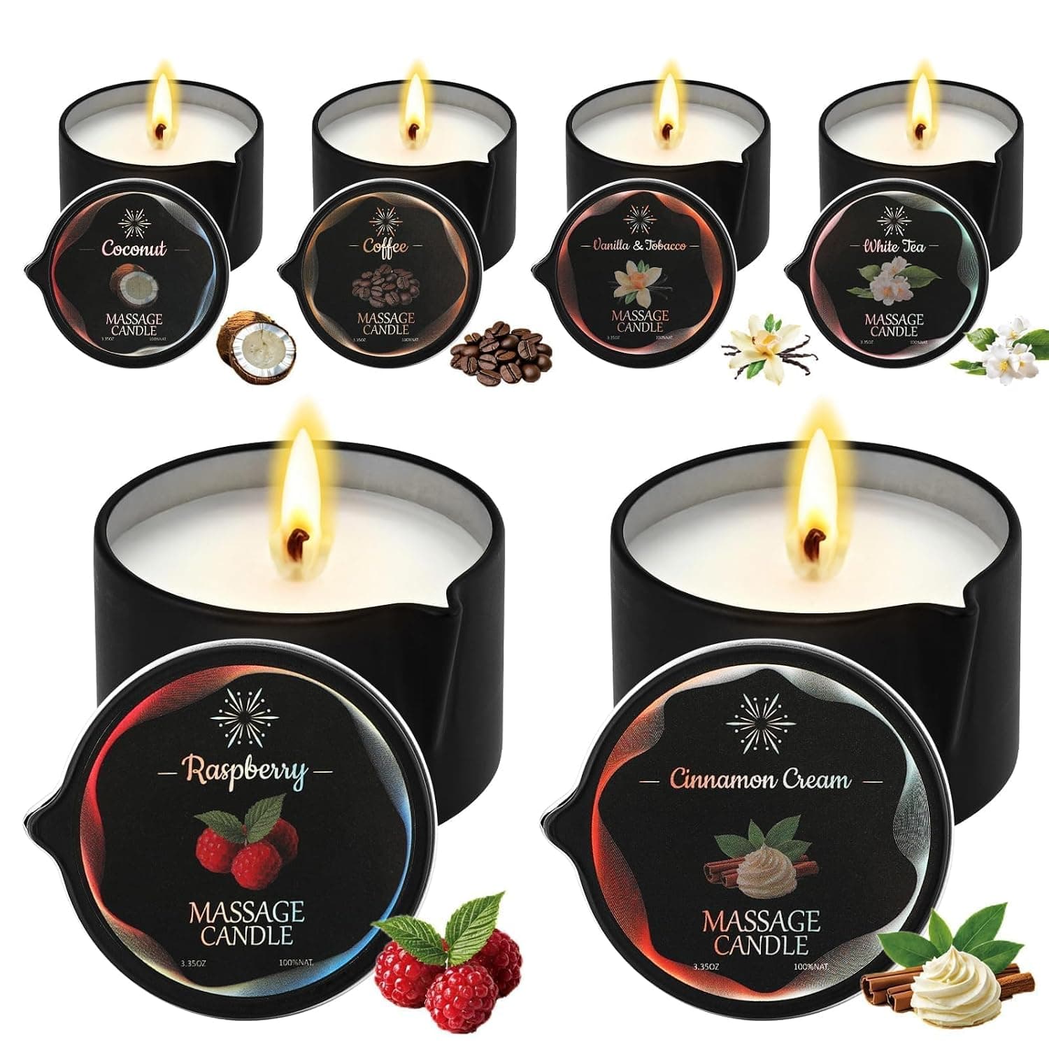 6pcs Massage Candle Set,2.35oz Low Temperature Soy Wax Body Spa Candles | Natural Coconut Oil and Soy Wax Formula Melts Into Moisturizing Body Oil, Ideal for at-home Spa Therapy, Relaxation and Gift