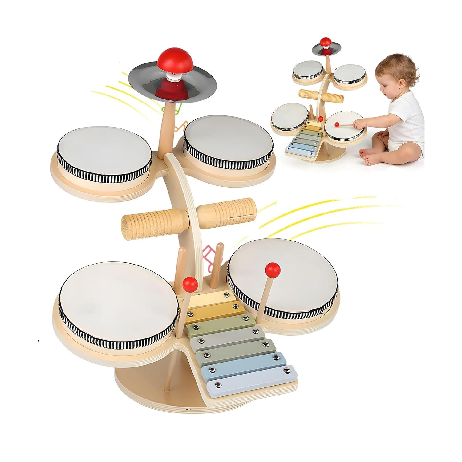 Andanna Toddler Wooden Drum Set, Montessori Toys for 3 Year Old Boy Girl Birthday Gifts, 8 in 1 Wooden Musical Instruments for Toddlers, Musical Activity Table Preschool (8 IN 1)