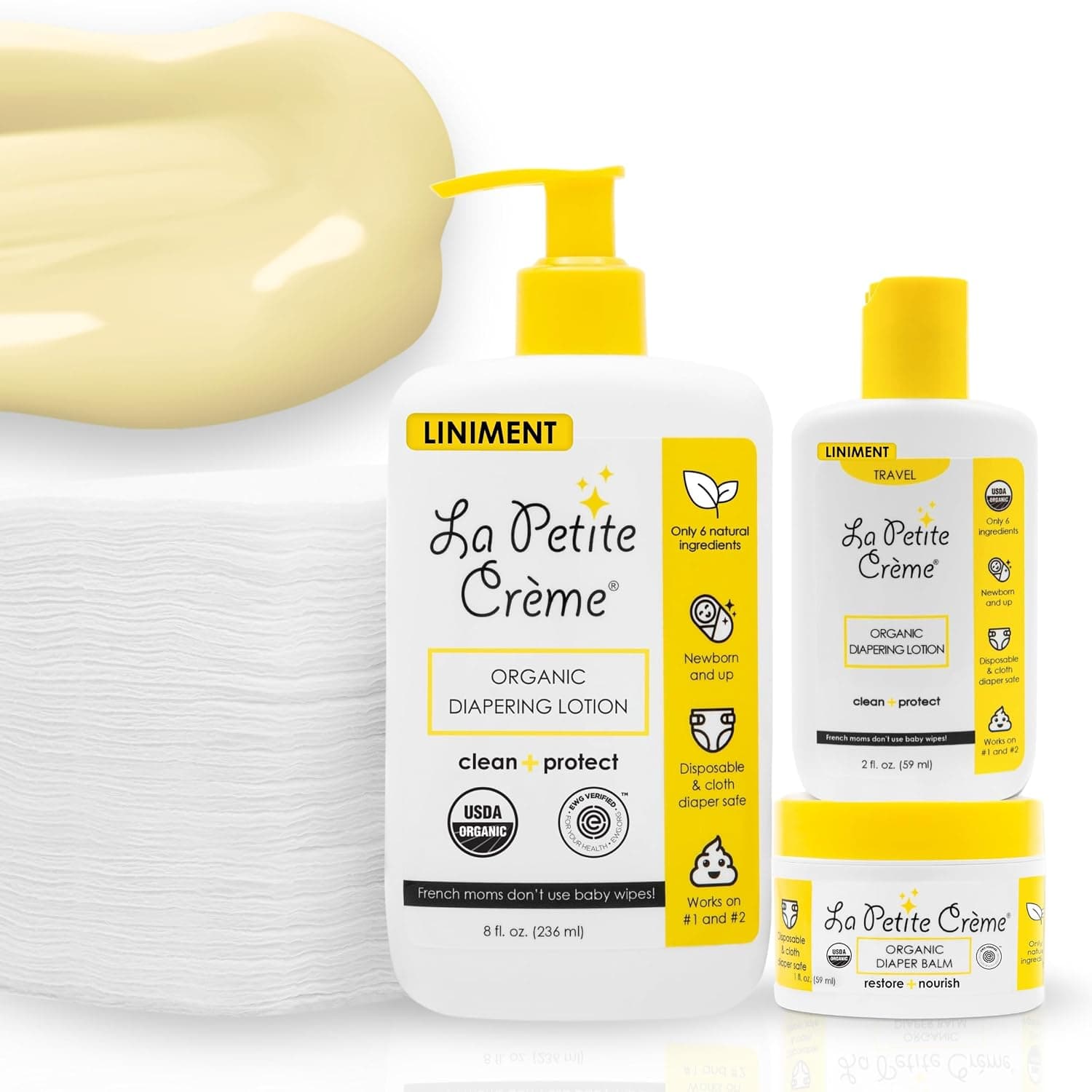 La Petite Creme French Diapering Starter Bundle - Includes Organic Diaper Lotion (8 oz and 2 oz), Diaper Balm (1 oz), and 50 Disposable Cotton Pads - Baby Essentials for Newborn - Baby Shower Gift Set