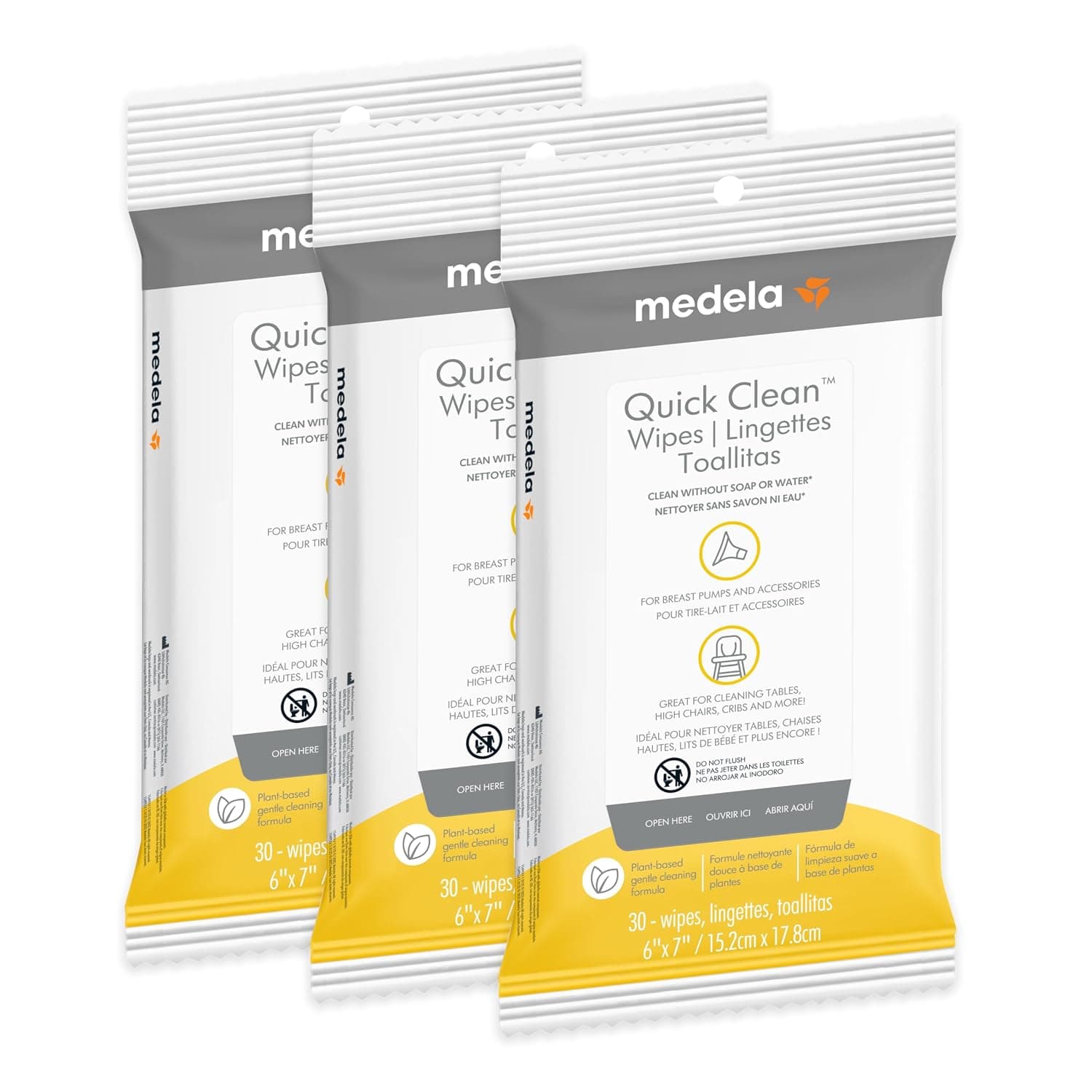 Medela Quick Clean Breast Pump and Accessory Wipes 90ct, 3 Packs of 30 Count, Resealable, Convenient and Hygienic On The Go Cleaning for Tables, Countertops, Chairs, and More | 3 Packs of 30. Fragrance-Free, No-Rinse. Resealable Pack. Multi-purpose for Baby Bottles, Baby Gear, Breast Pump Wipes